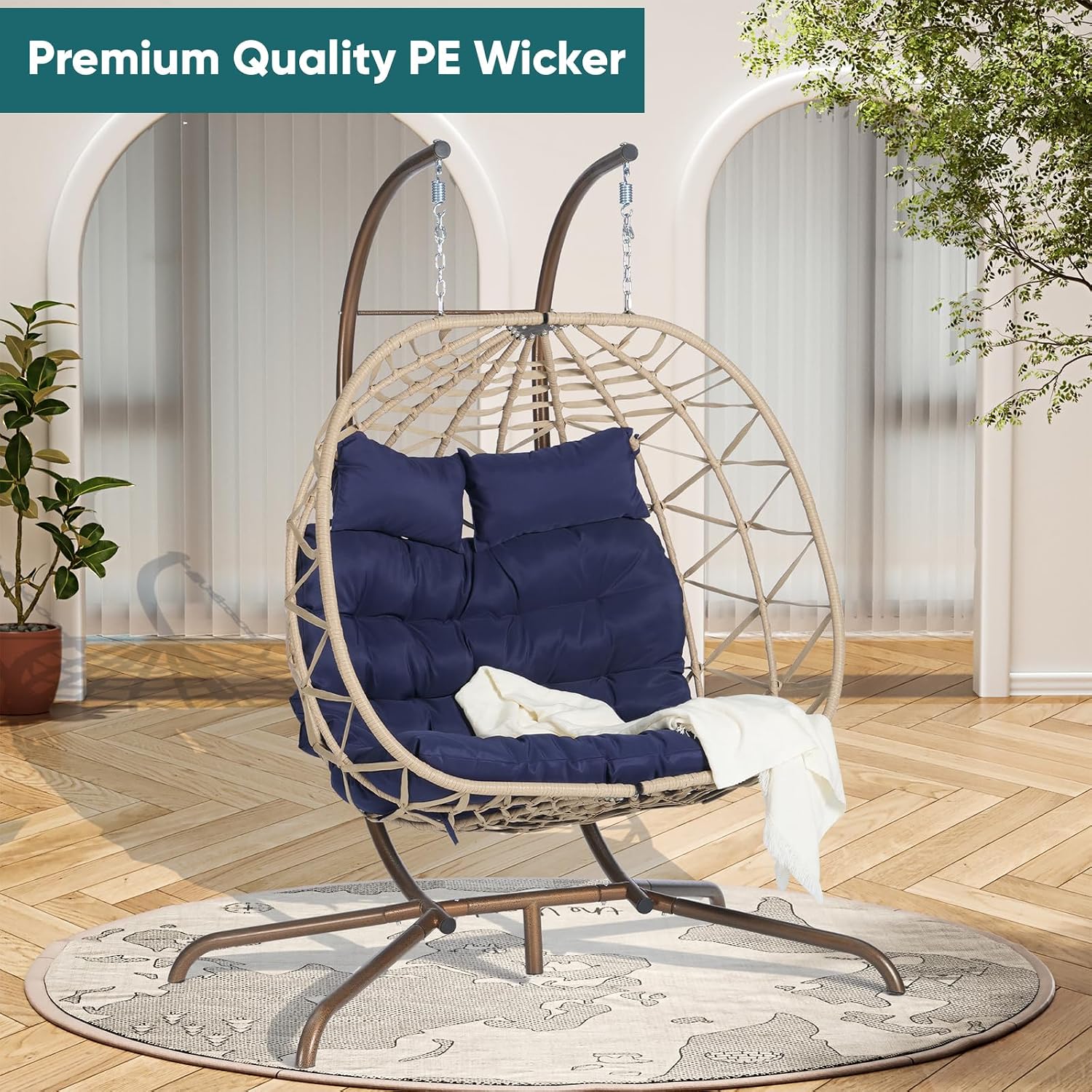 JOYBASE Double Swing Egg Chair with Stand, 2-Person Hanging Egg Chair Wicker Rattan Oversized Swinging Chair for Outdoor Indoor Garden Patio (Dark Blue Cushion and Beige Rattan)