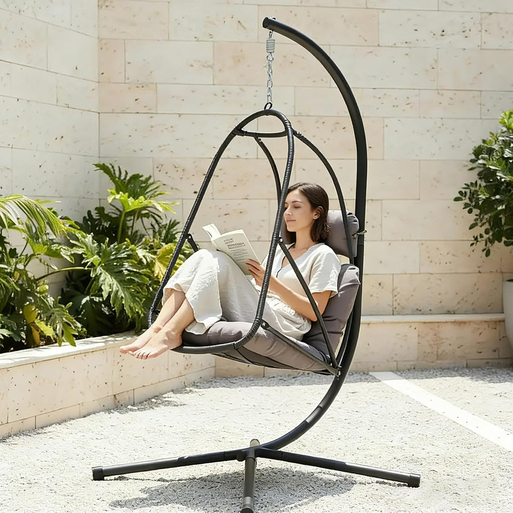 JESE Swing Egg Chair with Stand – UV Resistant Waterproof Cushion & Cup Holder Included, Indoor/Outdoor Hanging Hammock Chair for Patio, Bedroom, Balcony, Garden (Black)
