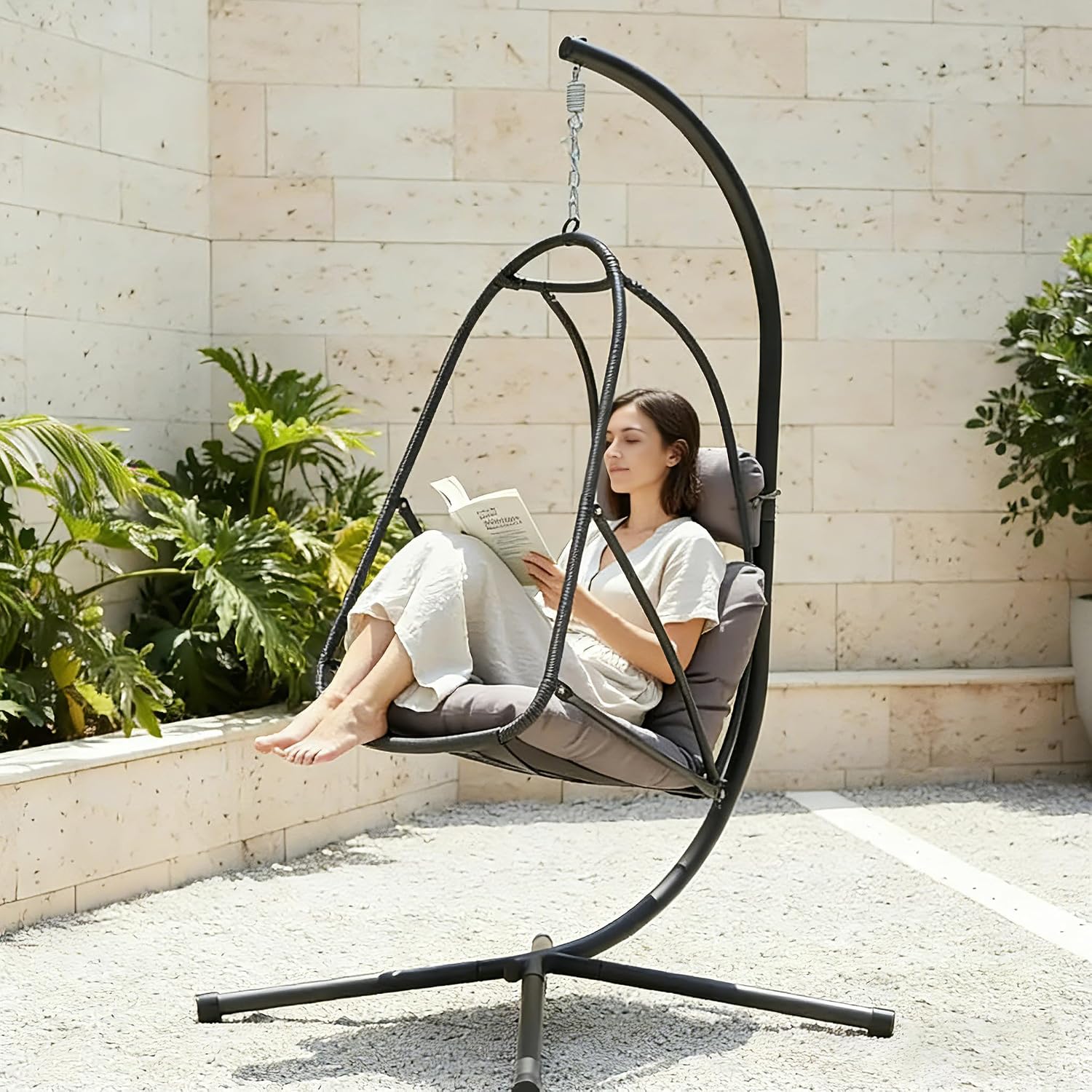 JESE Swing Egg Chair with Stand – UV Resistant Waterproof Cushion & Cup Holder Included, Indoor/Outdoor Hanging Hammock Chair for Patio, Bedroom, Balcony, Garden (Black)