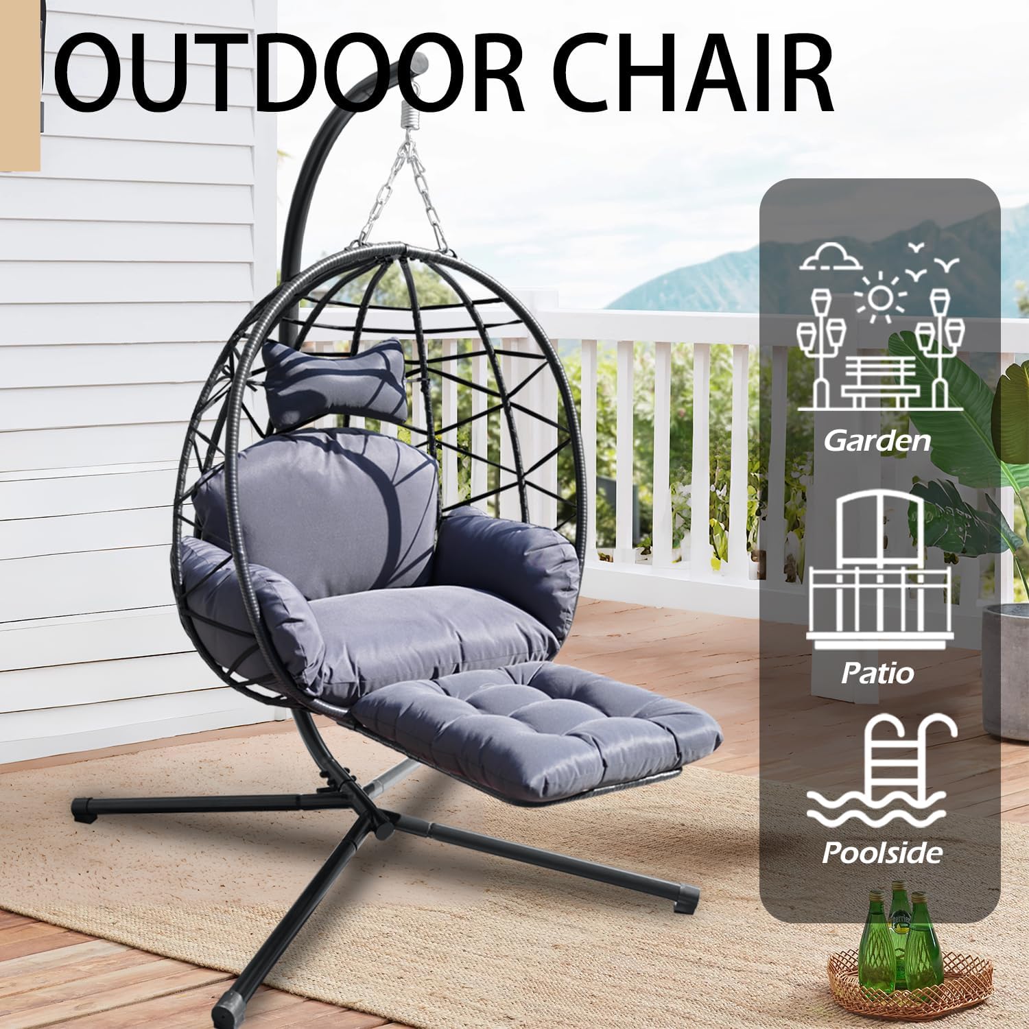 Indoor Outdoor Hanging Egg Chair with Stand & Leg Rest – Heavy-Duty Steel Frame, Handwoven Rattan Swing Chair for Patio, Garden, Bedroom – 350 lbs Capacity, Ergonomic Design (Navy)