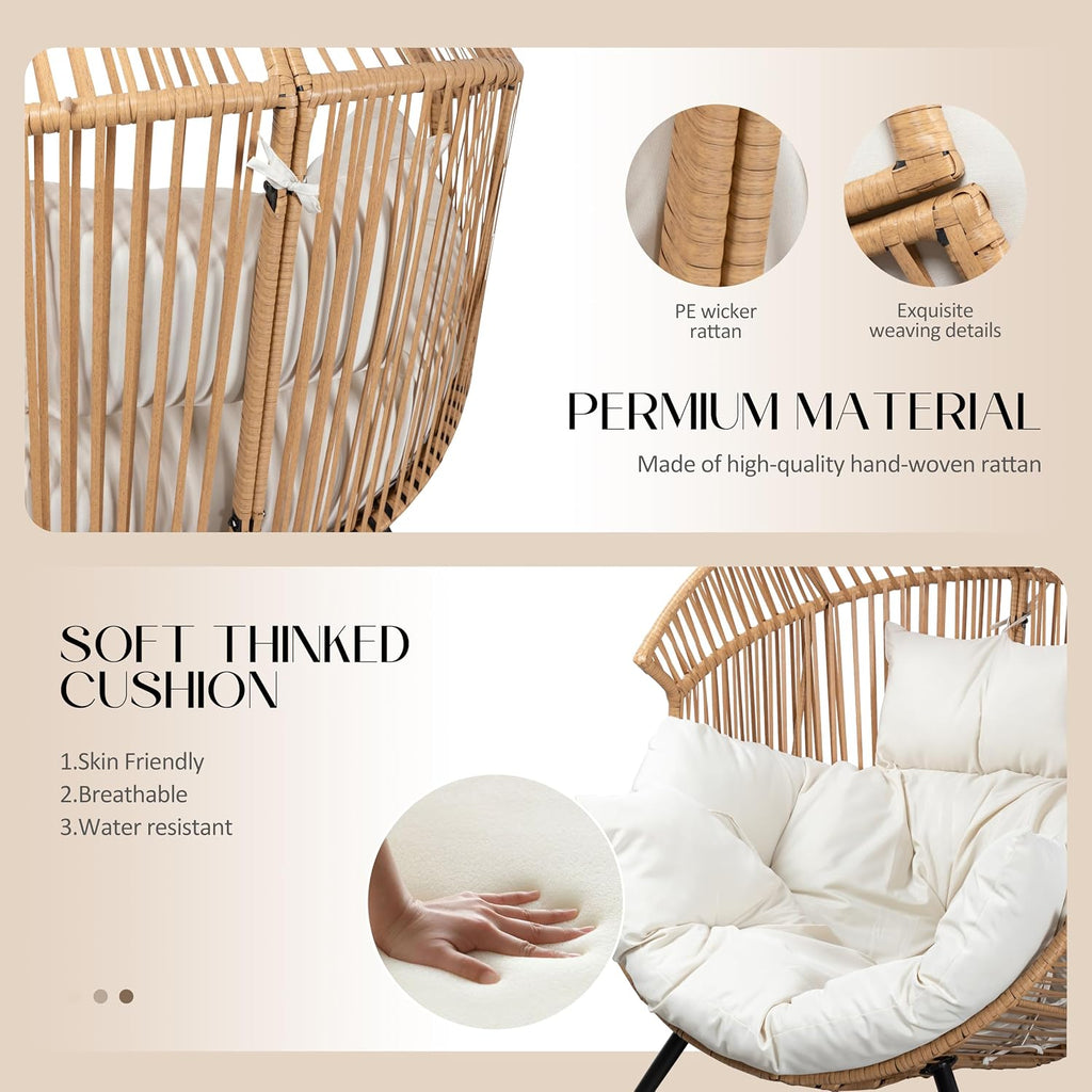 JAMFLY Egg Chair Wicker Outdoor Chairs, Oversized Patio Chair Oversized Lounger Chair with Cushion for Indoor Living Room, Bedroom, Outside Patio Backyard Balcony, Creamy White