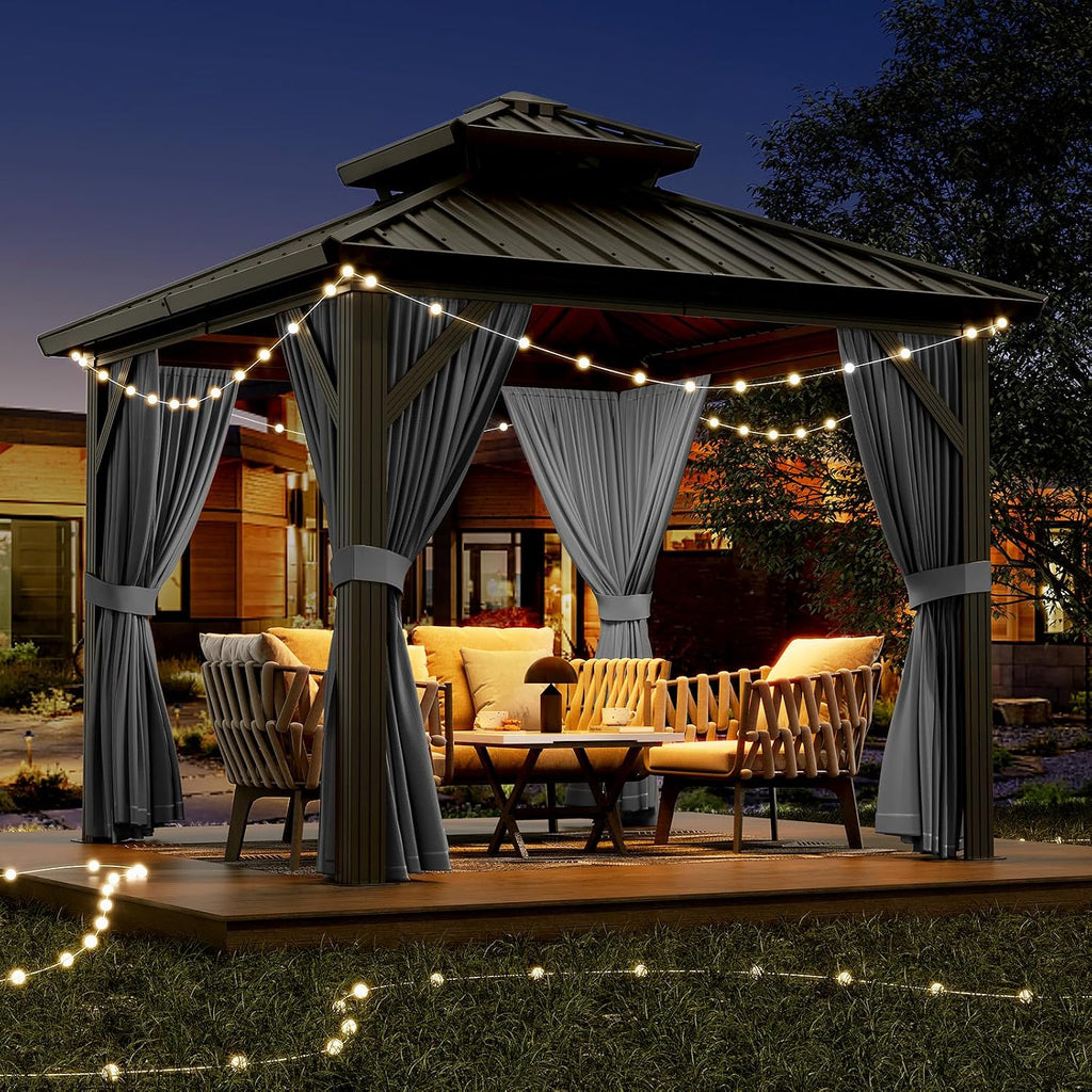 GAOMON 10x10ft Gazebo, Hardtop Double Roof Canopy with Netting and Curtains, Outdoor Gazebo Galvanized Iron Aluminum Frame Garden Tent for Patio, Backyard, Deck, Lawns (Gray)