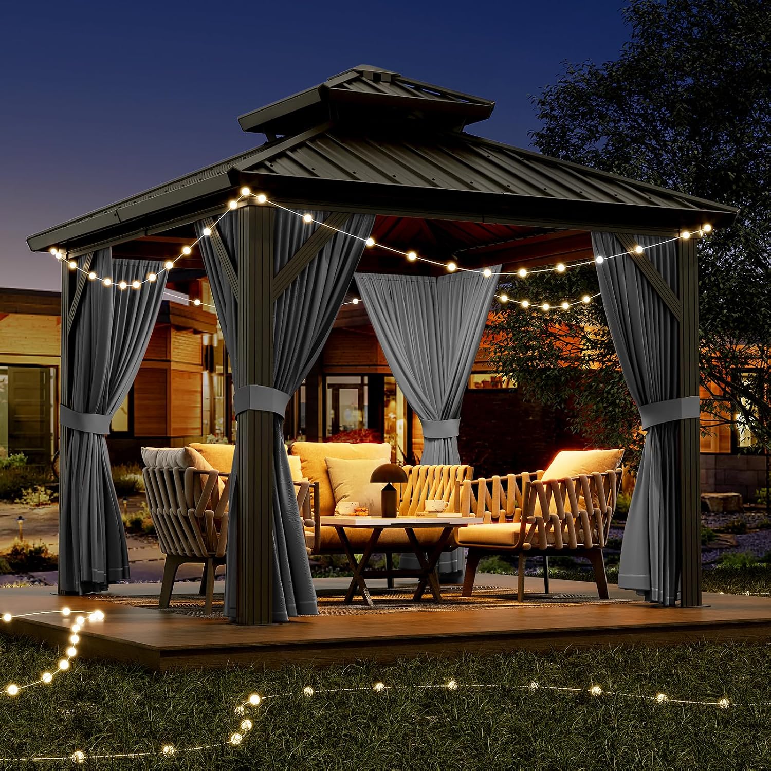 GAOMON 10x10ft Gazebo, Hardtop Double Roof Canopy with Netting and Curtains, Outdoor Gazebo Galvanized Iron Aluminum Frame Garden Tent for Patio, Backyard, Deck, Lawns (Gray)