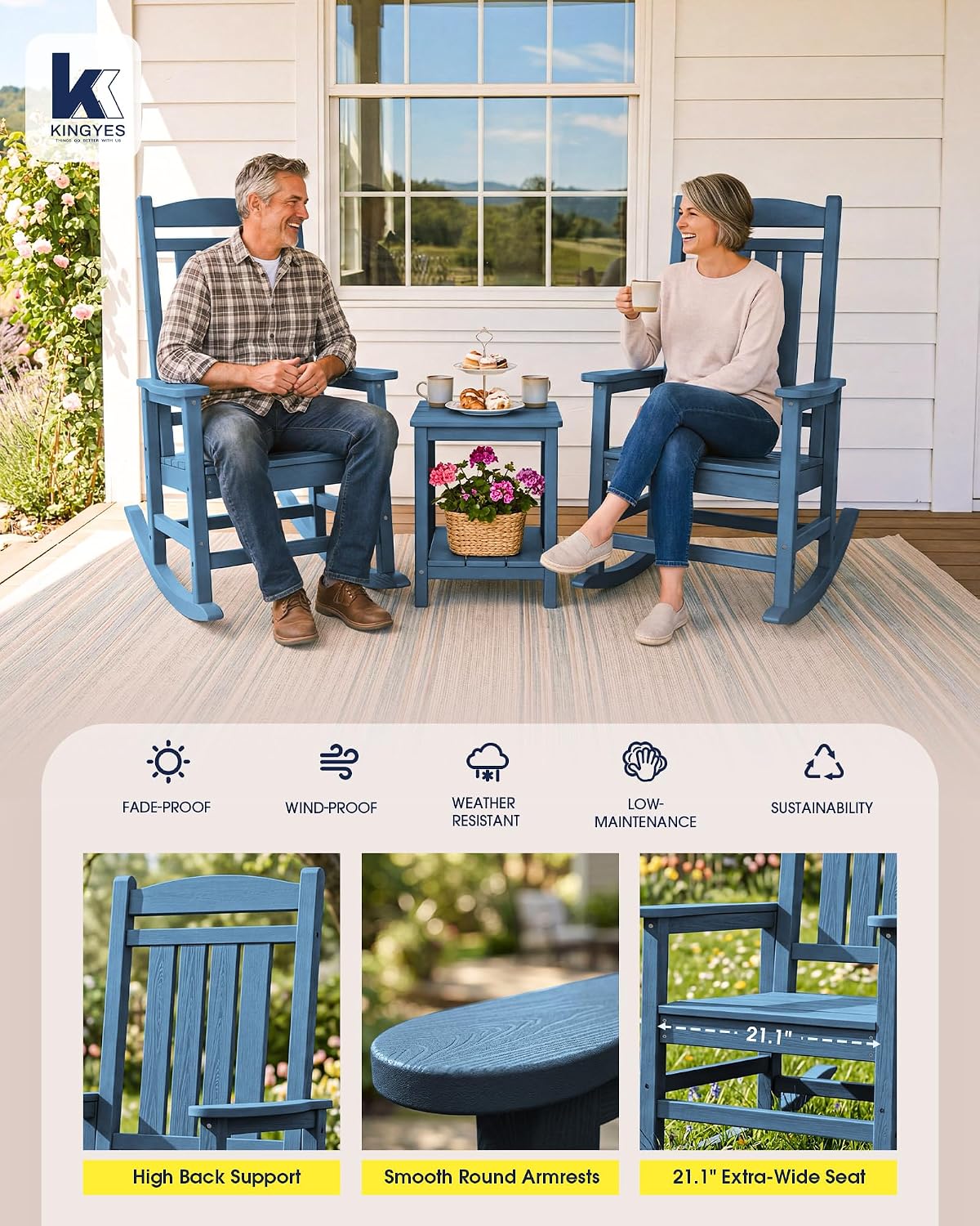 KINGYES Oversized Outdoor Rocking Chair with Cushion Set of 2, All-Weather Patio Rocking Chairs, HDPE Porch Rocker for Adults, 350 lbs Capacity, Blue Chair with Beige Cushion