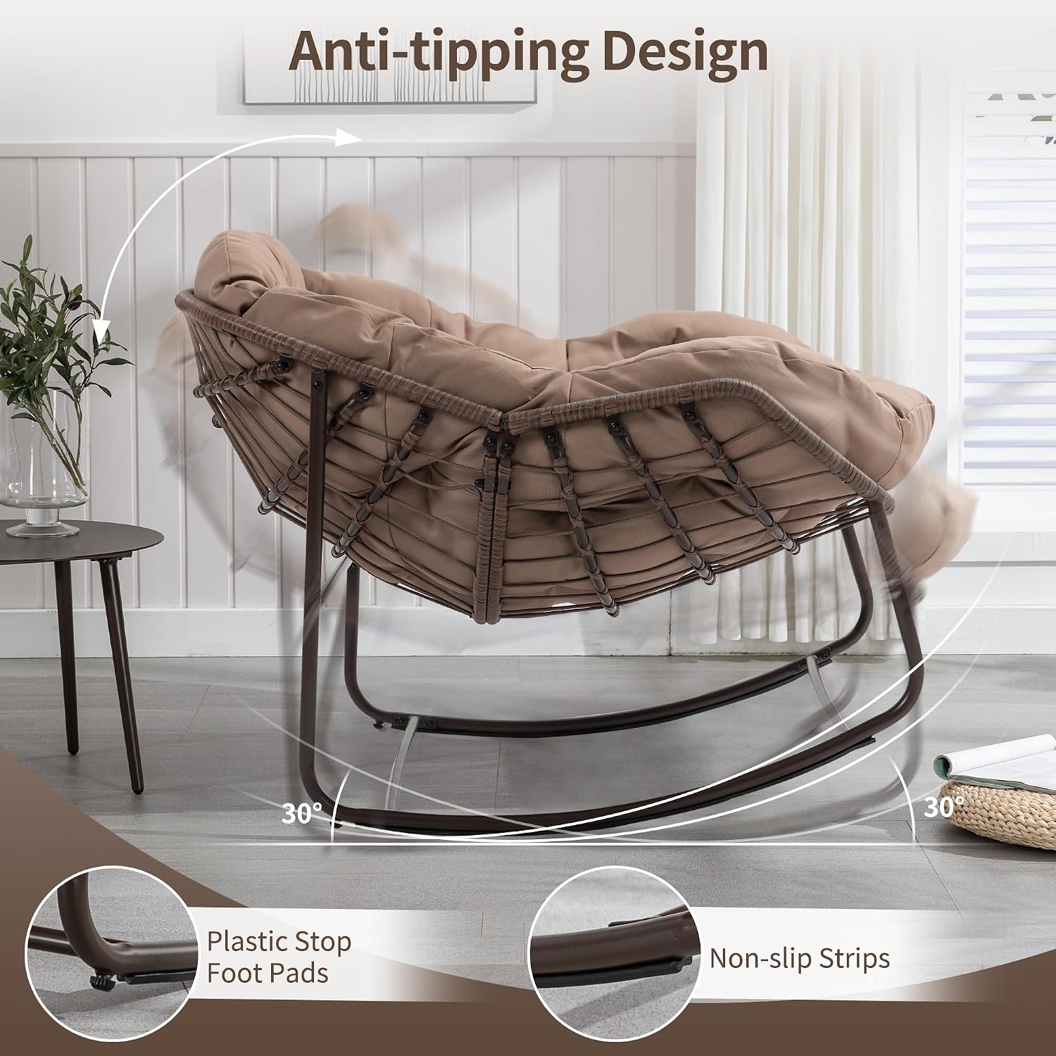 HOMEFUN Outdoor Patio Rocking Chairs, Oversized Papasan Rock Chair Indoor with Padded Cushion - Rocker Egg for Front Porch, Garden, Backyard Khaki