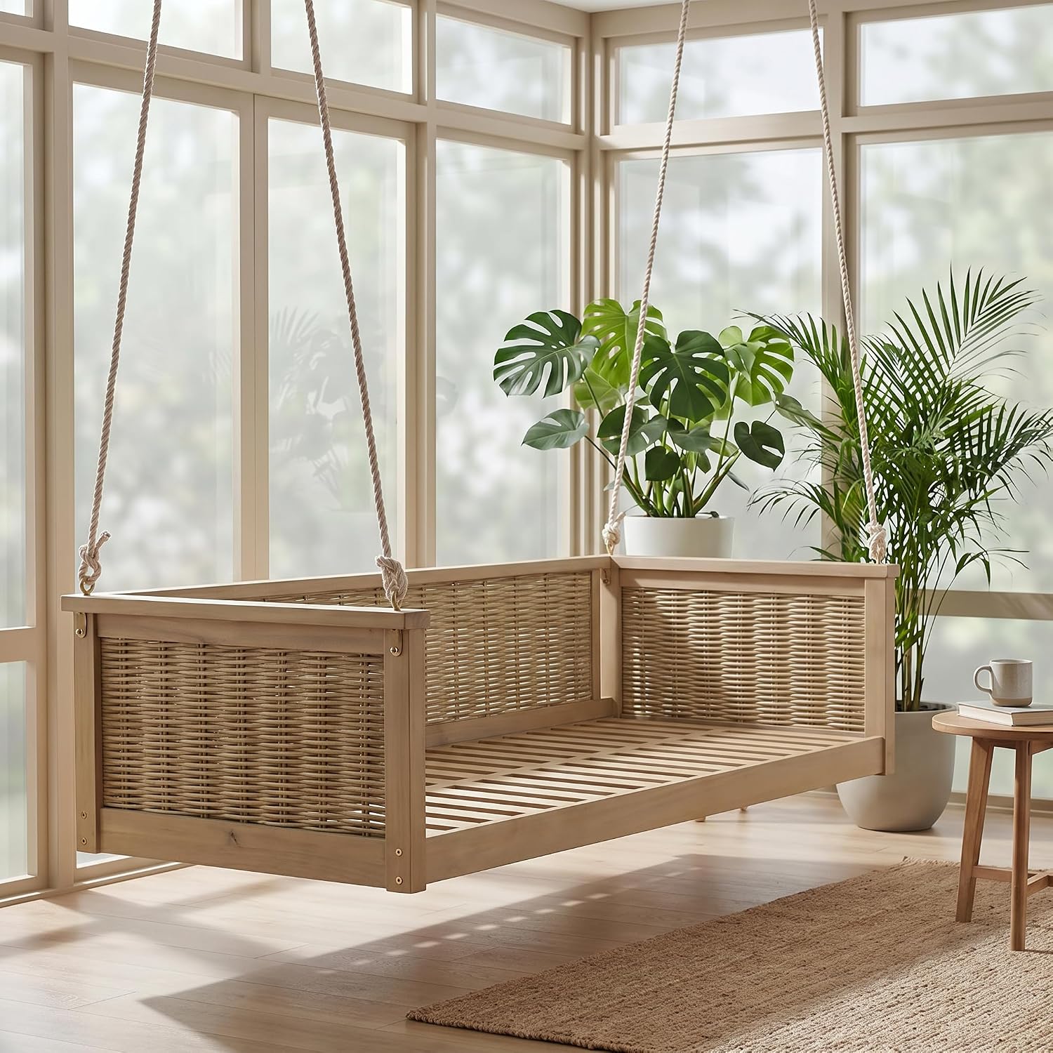 Acacia Wood & Rattan Twin Size Outdoor Swing Bed with Hanging Ropes - 3 Color Options for Backyard or Porch Relaxation (Light Teak/RR)