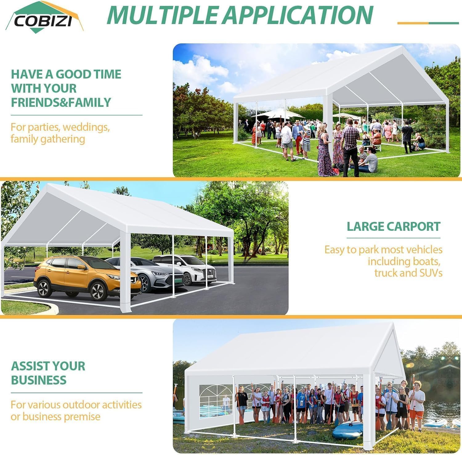 COBIZI 20x20 Heavy Duty Party Tent Outdoor Waterproof Canopy with 10 Church Windows & 6 Sidewalls, Built-in Sandbag, White Powder Coating Commercial Event Shelter Tents for Parties Wedding BBQ Patio