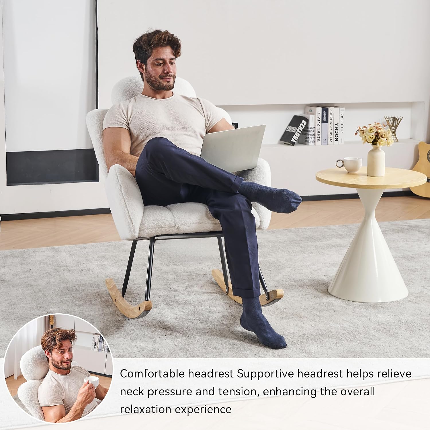 FOXHUNTER Rocking Chair Nursery with Thick Headrest, Upholstered Reading Glider Rocker Accent Armchair with High Backrest Rocker Recliner Chair for Adult Living Room Bedroom, Teddy Ivory