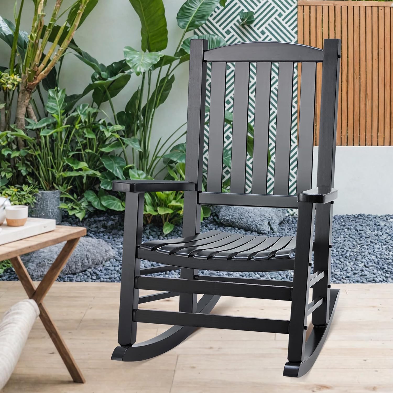 Wooden Outdoor Rocking Chair, Oversized Patio Rocking Chair w/400lbs Support & High Backrest | Porch, Lawn, Garden, Backyard，Black