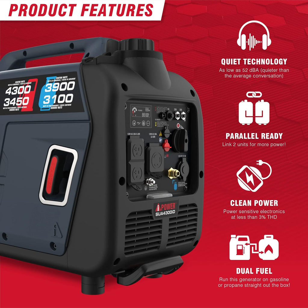 A-iPower 4300-Watt Dual Fuel Portable Inverter Generator, RV Ready Lightweight w/CO Sensor for Backup Home Use, Tailgating & Camping, CARB Compliant (SUA4300iD)