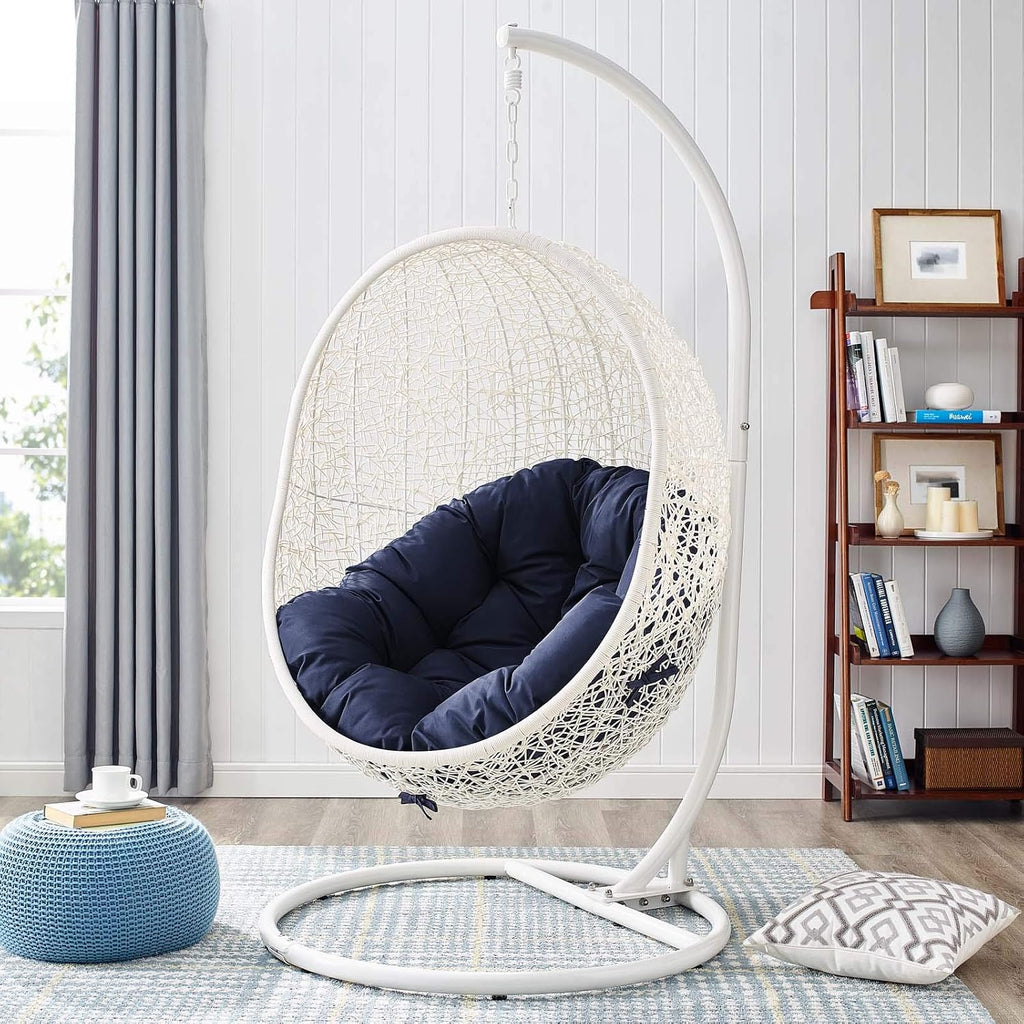Modway Hide Wicker Rattan Outdoor Patio Porch Lounge Egg Swing Chair Set with Stand in White Navy