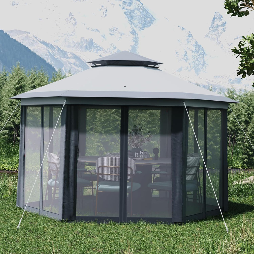 13' x 13' Pop-Up Gazebo Canopy Tent with Zippered Mesh Sidewalls and Carrying Bag, Event Tent Shelter for Patio Garden Backyard, Dark Grey and Light Grey