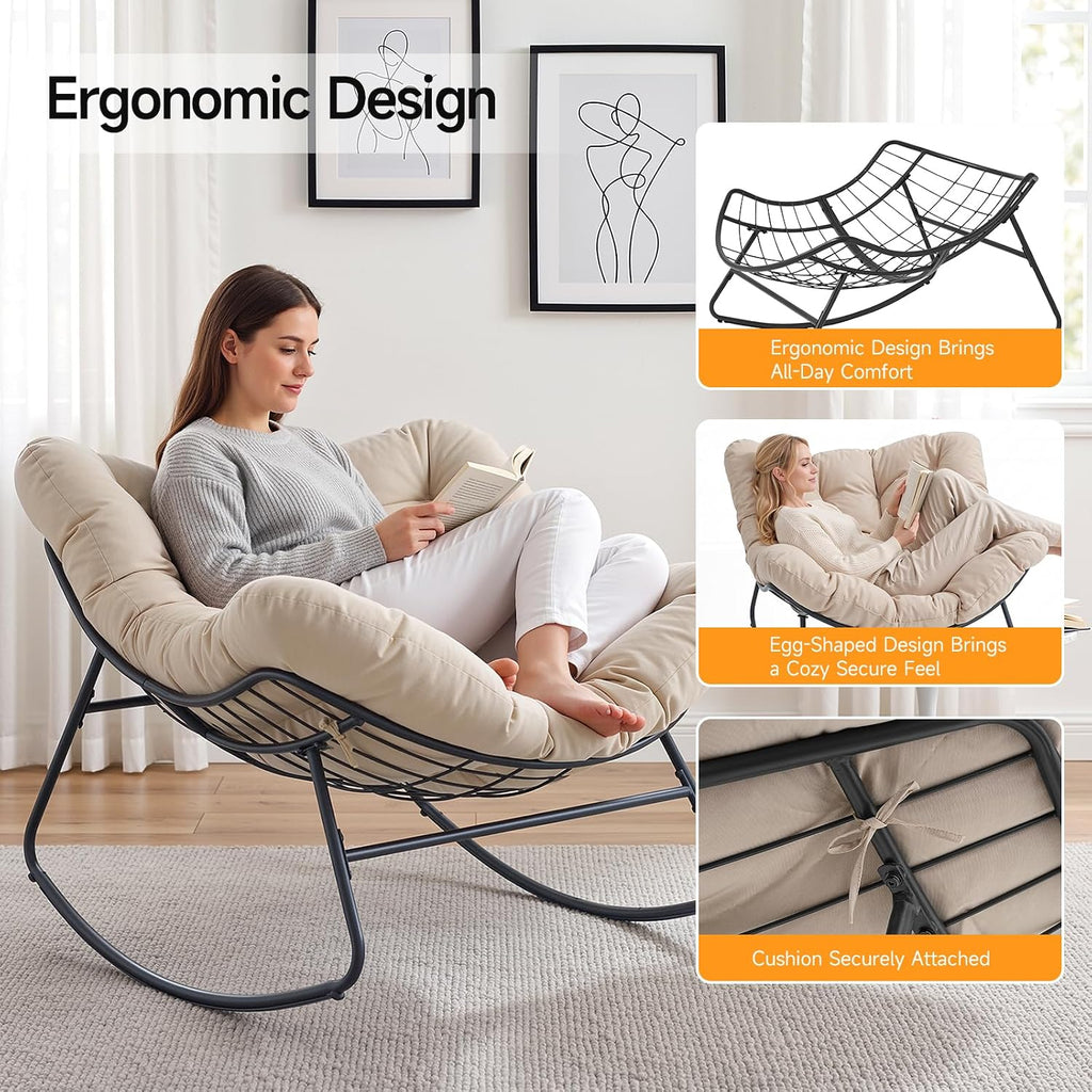 Papasan Rocking Chair Indoor, Oversized Rocking Chair with Thickened Cushion, 450 lbs Large Comfy Egg Chair Indoor,Cozy Lounge Reading Glider Chair for Bedroom, Beige