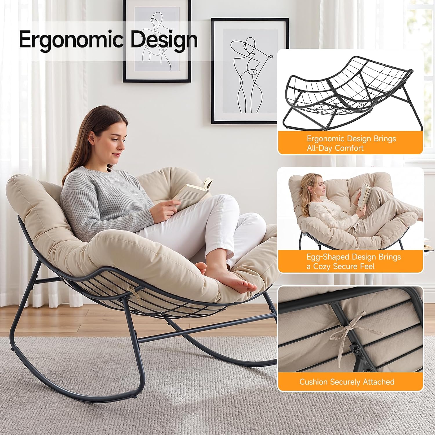 Papasan Rocking Chair Indoor, Oversized Rocking Chair with Thickened Cushion, 450 lbs Large Comfy Egg Chair Indoor,Cozy Lounge Reading Glider Chair for Bedroom, Beige