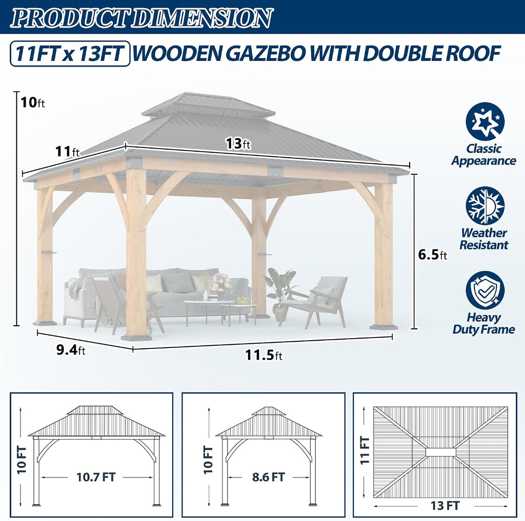 COVERONICS 11FT x 13FT Outdoor Spruce Wood Gazebo - Patio Wooden Frame Gazebo with Galvanized Steel Double Roof, Heavy-Duty Hardtop Gazebos for Garden, Poolside, Deck, Backyard