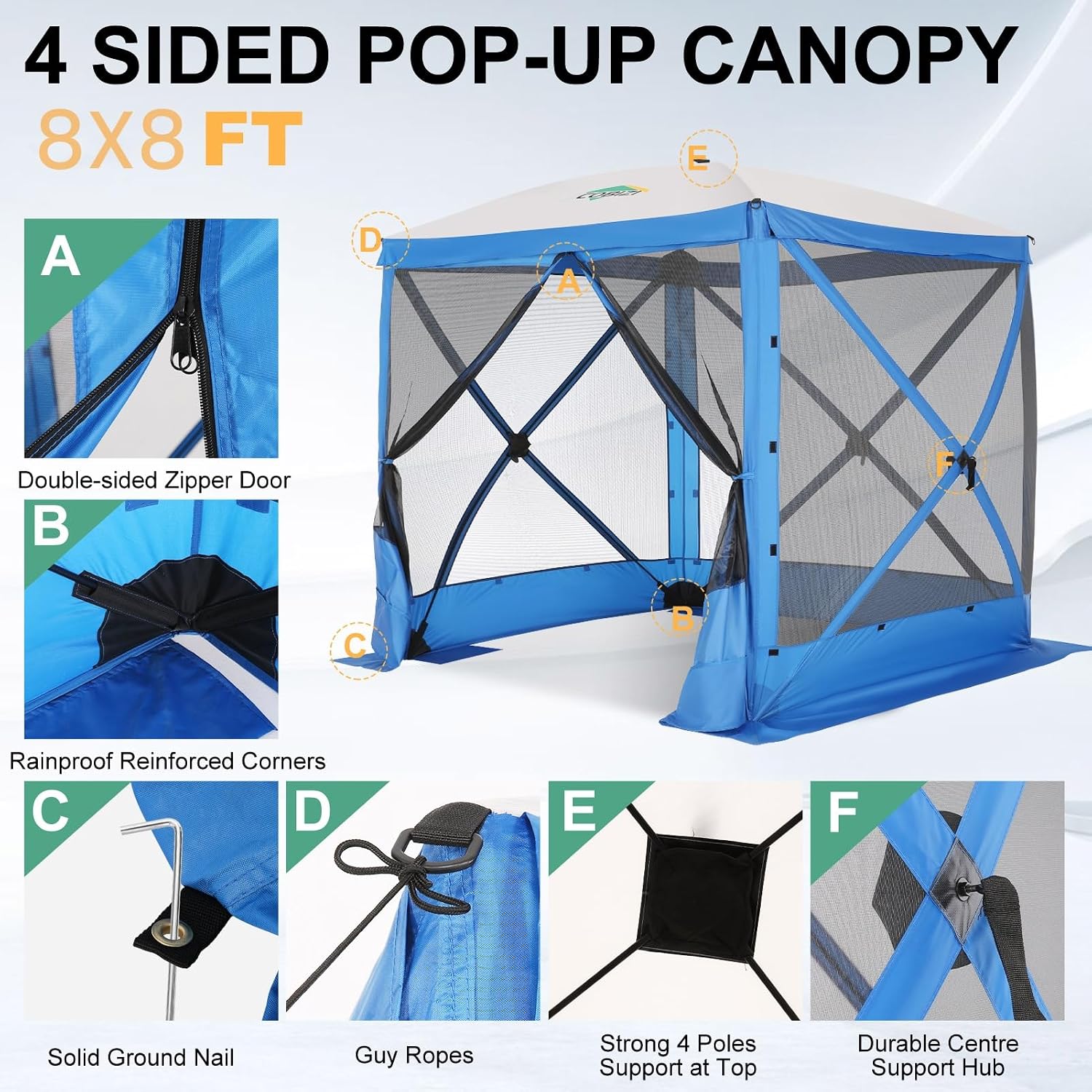 COBIZI 6x6 Pop up Gazebo Tent, Ez up Waterproof Screen Tent Screen House, Portable Outdoor Canopy Sun Shelter with Carry Bag & Ground Stakes for Camping, Garden and Picnics, Blue(Upgraded 2.0)