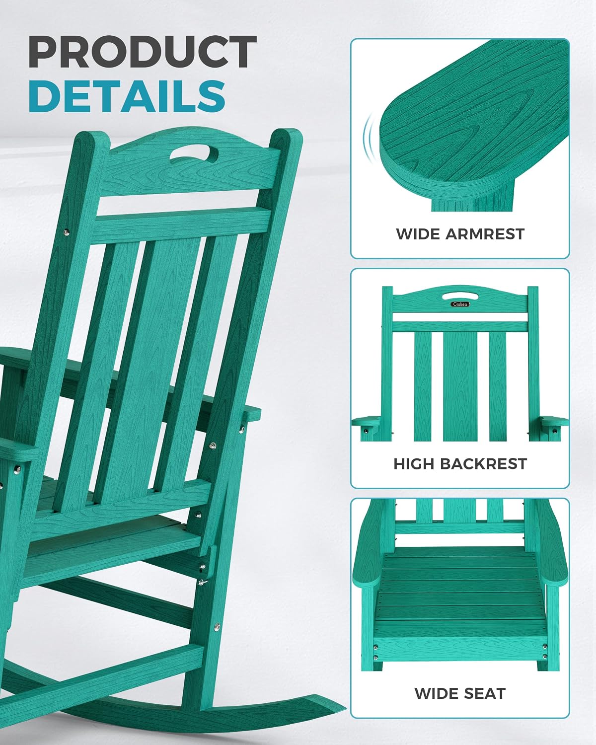 Ciokea Oversized Outdoor Rocking Chairs Set of 2, 380lbs Heavy-Duty Large Patio Rocker, High Back Cozy Porch Chairs, Weather Resistant Patio Rocking Chairs for Outside, Fire Pit, Deck, Aruba Blue