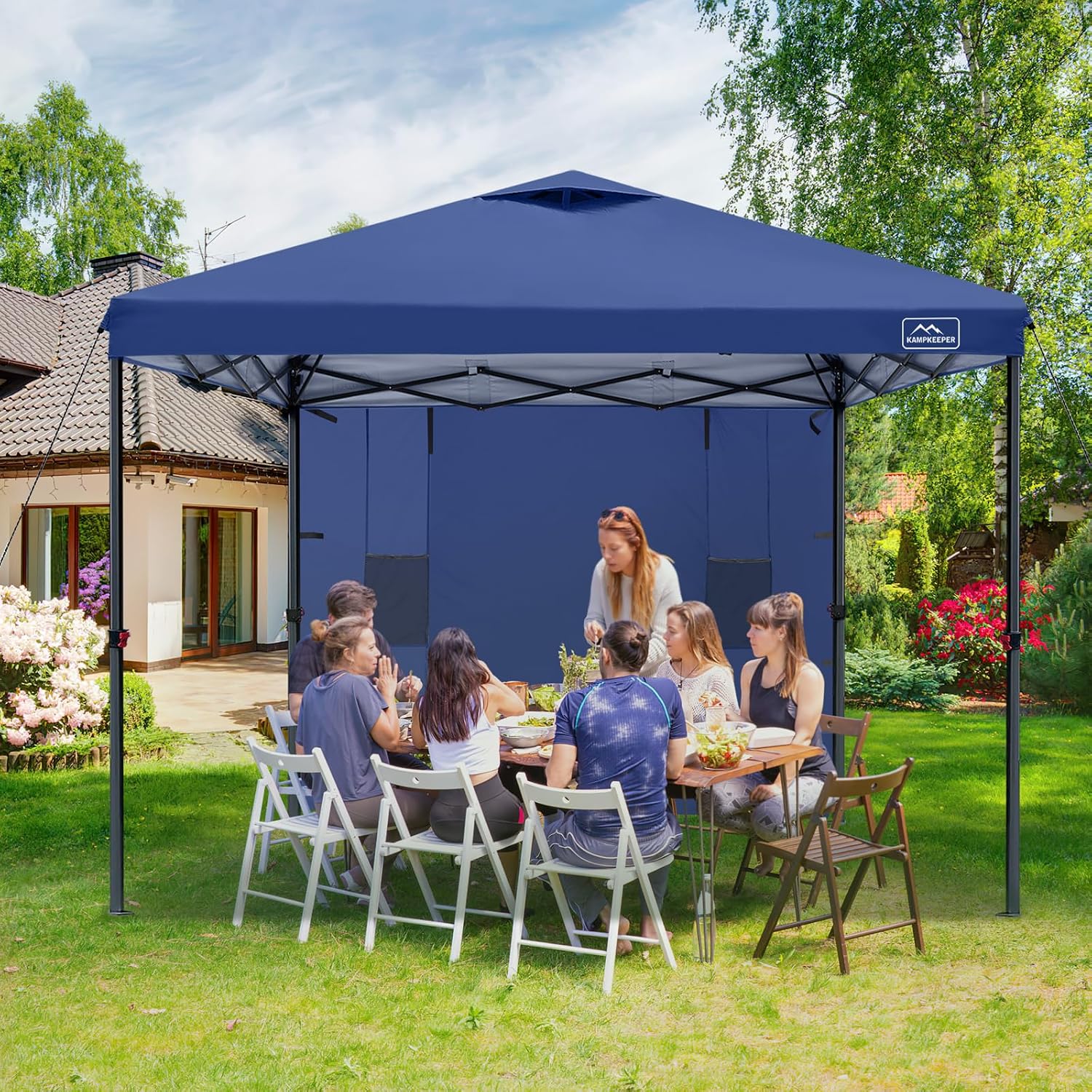 KAMPKEEPER 10x10 Easy Pop Up Canopy Tent with Sidewalls, Instant Outdoor Shade Shelter with Removable 10FT Sun Walls, Quick Setup Waterproof and UV-Resistant(Navy Blue, 10x10FT with 1 sidewall)