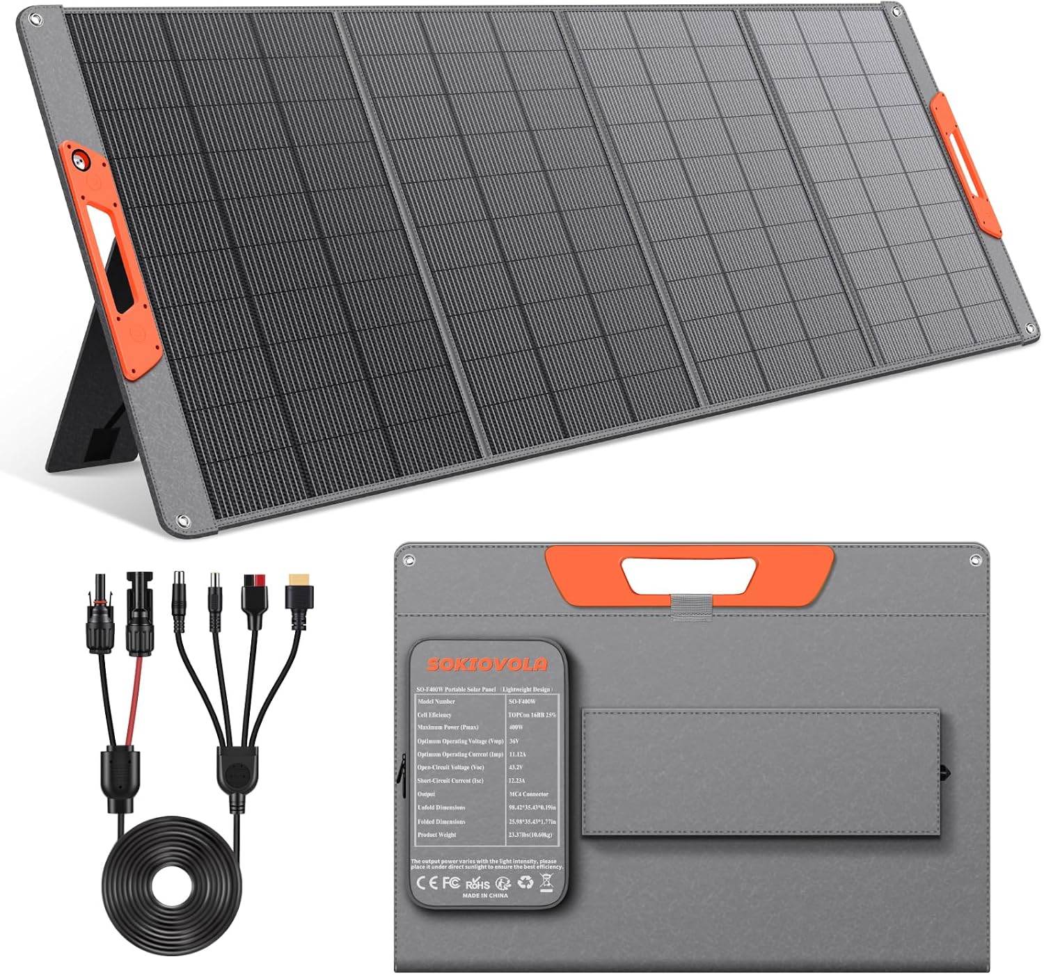 SOKIOVOLA 400W Portable Solar Panel for EF/Jackery/Bluetti/Anker Power Station,Ultra-Lightweight ETFE Foldable Solar Panel,25% High Efficiency,MC4 Output,for Outdoor Camping, Emergency Power Supply