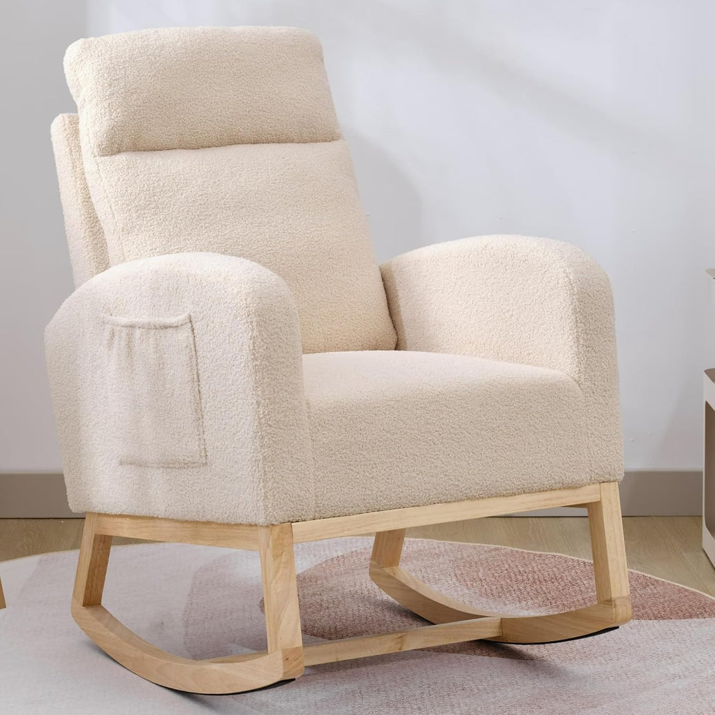 Nursery Rocking Chair with Solid Wood Legs, Glider Chair for Nursery with Side Pocket, Rocker Armchair for Living Room Bedroom (Beige, Teddy)