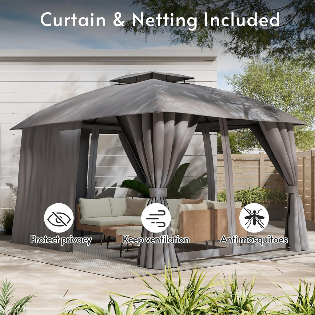 Gazebo 10x12 with Mosquito Netting & Privacy Screens. Double Roof Design Outdoor Gazebo with Trapezoidal Support System for Patio, Deck, Backyard, Garden & Lawns(Dark Gray)
