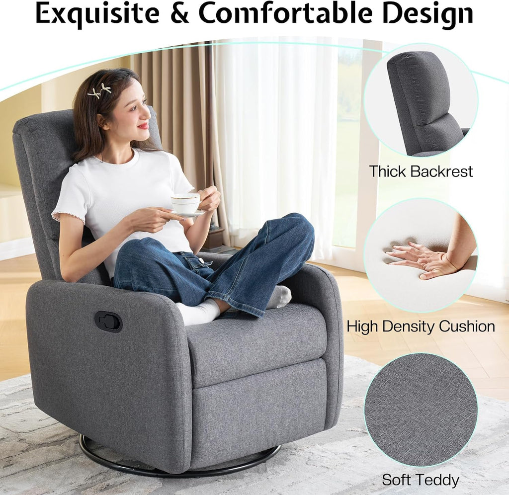 Jocisland Swivel Rocker Recliner Chair for Adults, Nursery Rocking Reclining with High Back, Small Glider for Small Spaces/Living Room/Bedroom/Nursing, Gray Linen (No Side Pockets)