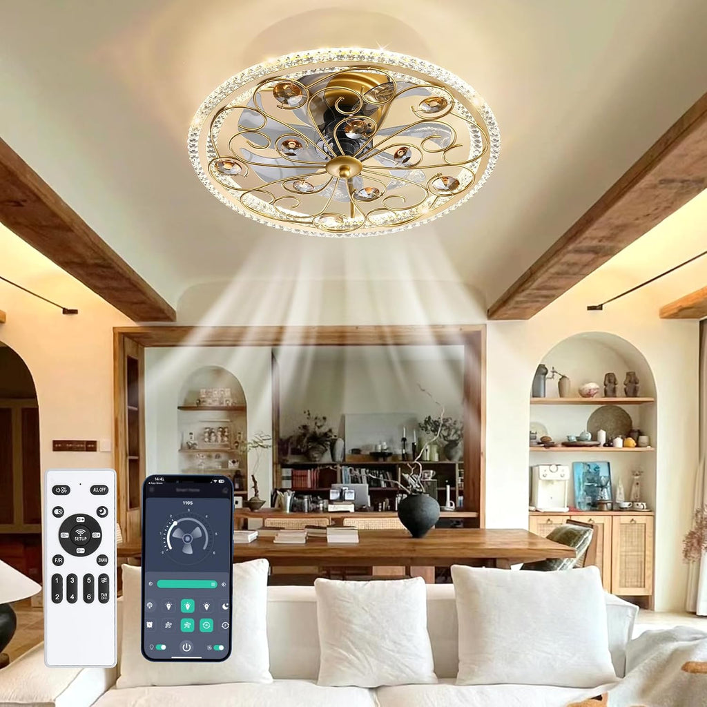 Ceiling Fans with Lights and Remote Caged Low Profile Farmhouse Ceiling Fan with Smart LED 6 Speed 3 Color Temp. Enclosed Ceiling Fan Flush Mount Fandelier for Bedroom Living Room Gold Crystal