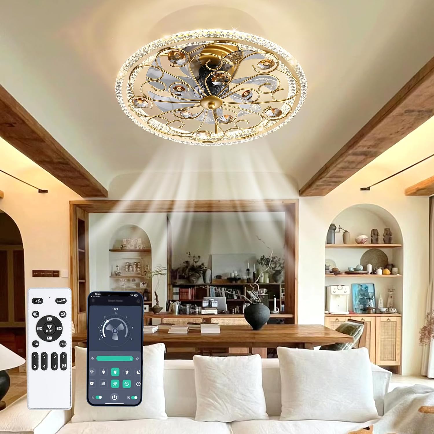 Ceiling Fans with Lights and Remote Caged Low Profile Farmhouse Ceiling Fan with Smart LED 6 Speed 3 Color Temp. Enclosed Ceiling Fan Flush Mount Fandelier for Bedroom Living Room Gold Crystal