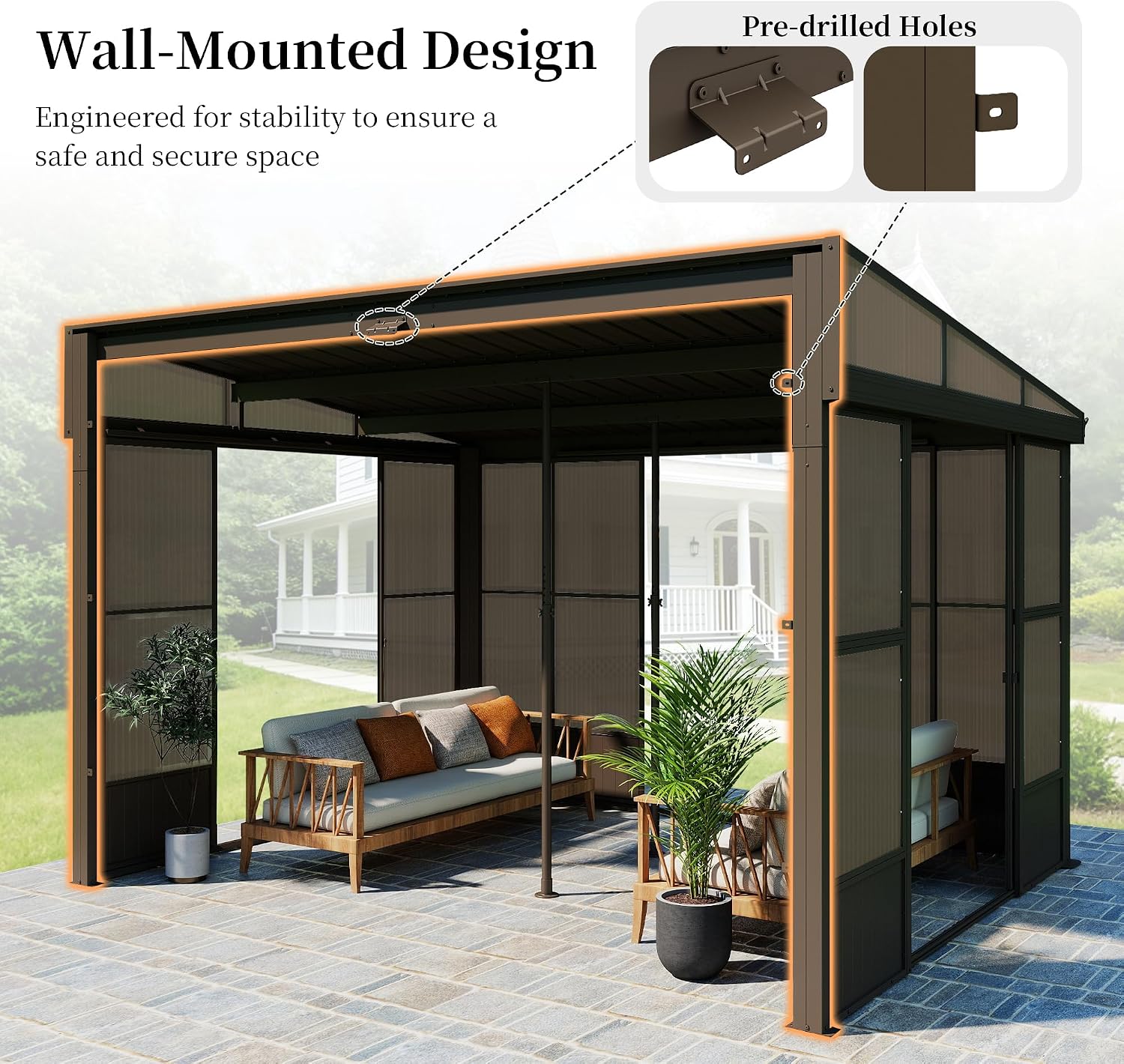 Domi 10x12FT Sunroom, Wall Mounted Sunroom Kit with Galvanized Steel Sloping Roof, Outdoor Sunroom Gazebo with Detachable PC Screen, 3 Sliding Double Doors, Lean to Sun Room for Patio, Deck