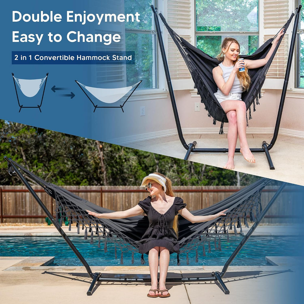 SUNCREAT 2-in-1 Hammocks Convertible Portable Double Hammock with Stand Included, Outdoor Hammock and Stand, Patented, Dark Grey with Tassel