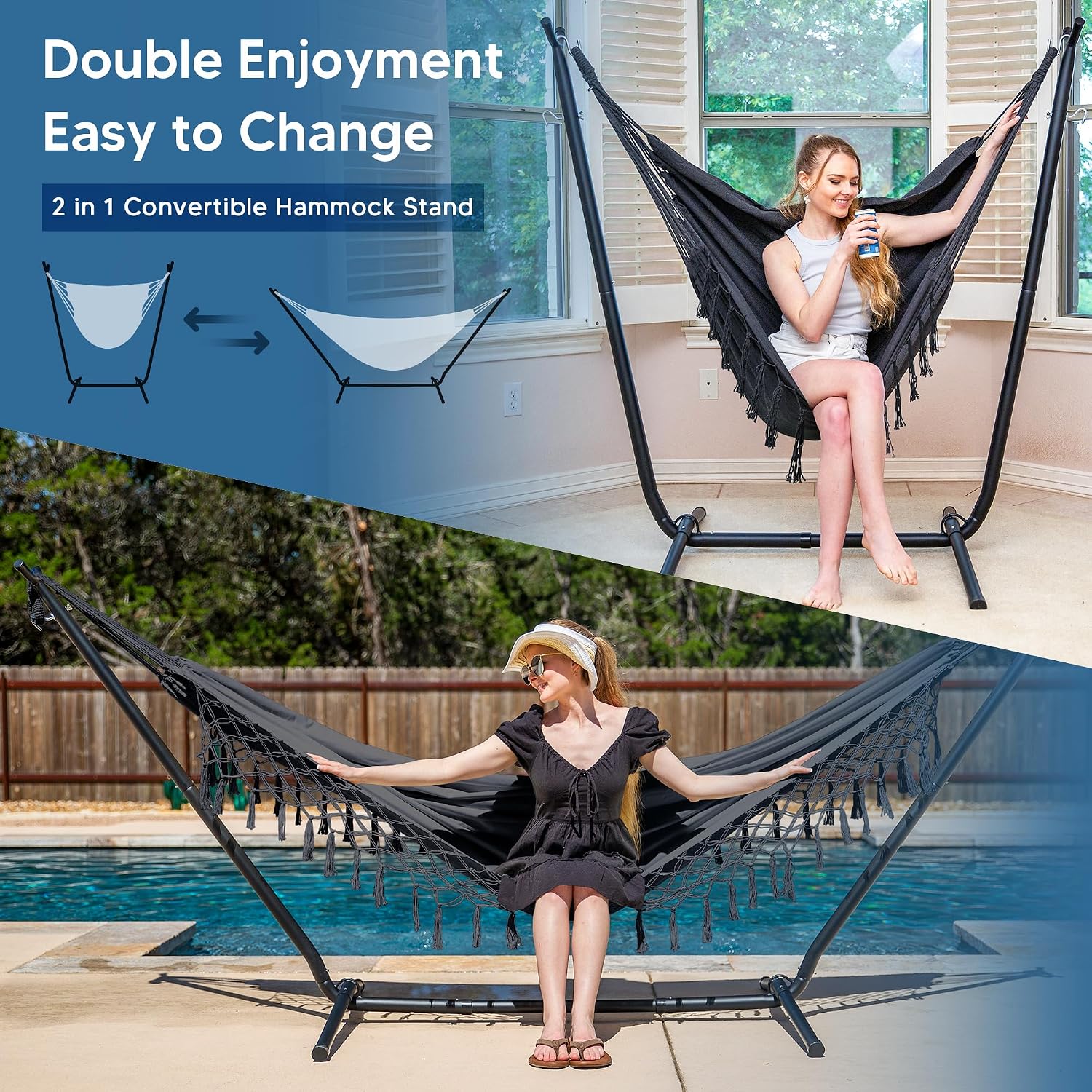 SUNCREAT 2-in-1 Hammocks Convertible Portable Double Hammock with Stand Included, Outdoor Hammock and Stand, Patented, Dark Grey with Tassel