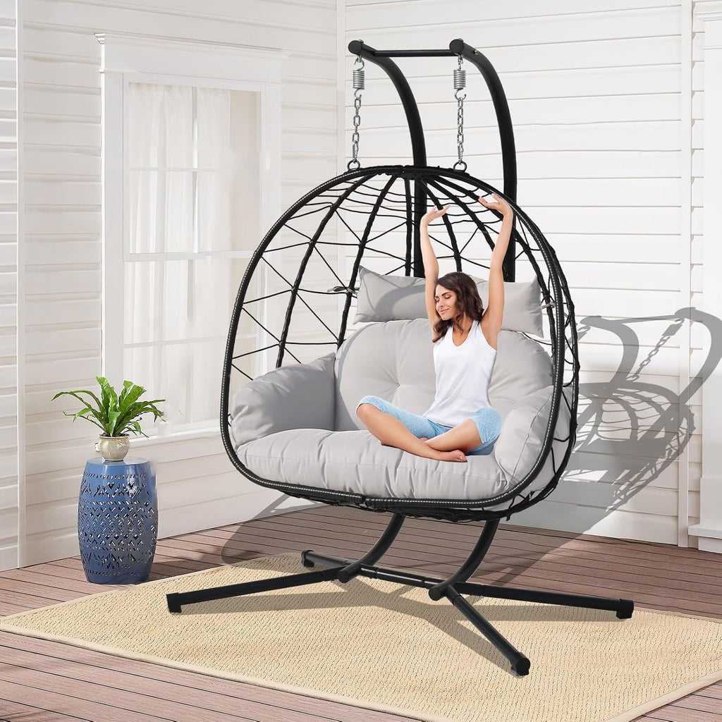 Double Egg Chair Outdoor, 2 Person Hanging Egg Chair with Stand, Patio Wicker Egg Swing Chair for Garden, Backyard, Balcony, 600Lbs Heavy Duty(BL-GR)