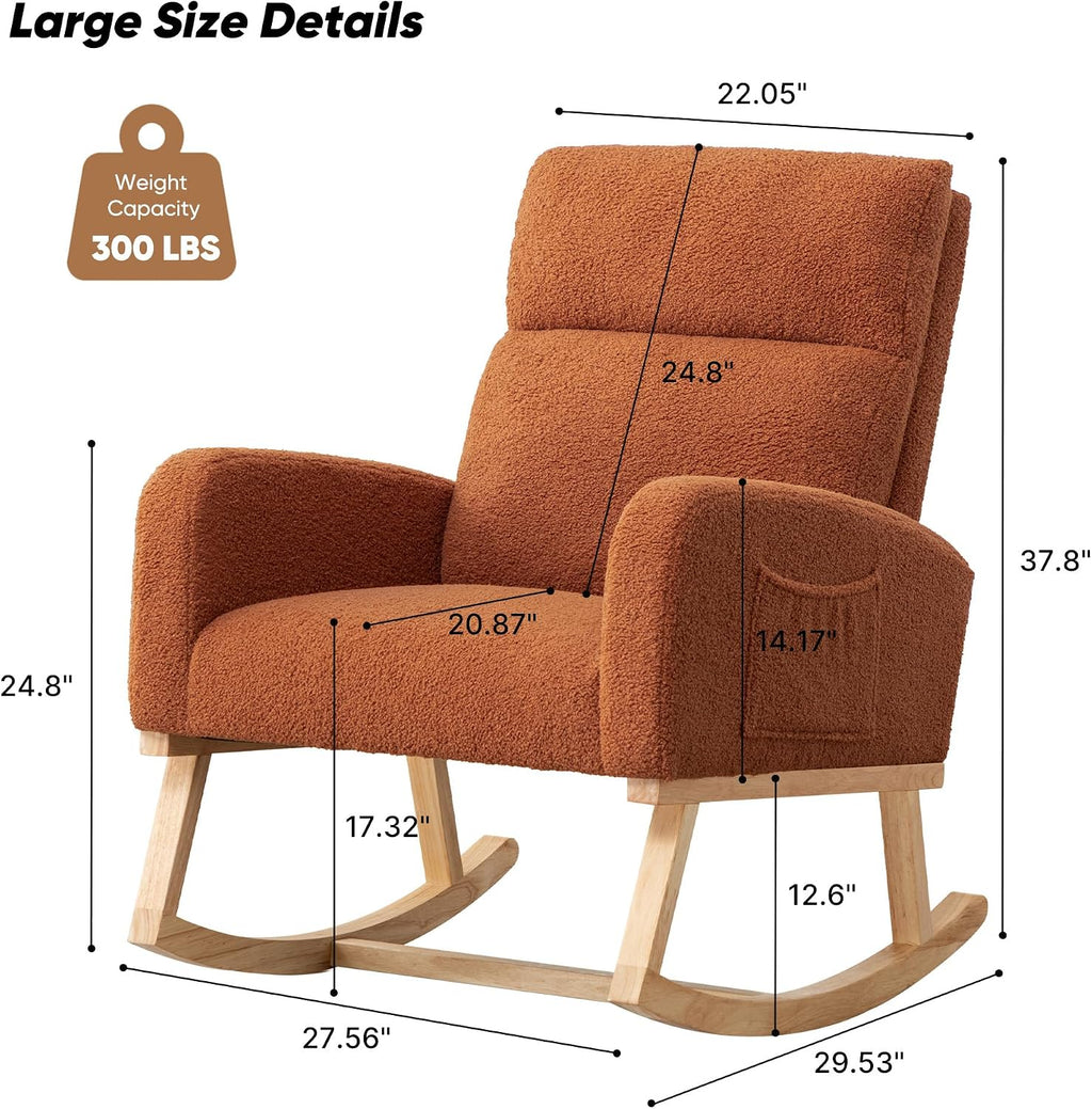HCHAIRH Rocking Chair Nursery, Sherpa Nursing Rocking Chairs, Upholstered Nursery Glider Rocker for Mom Nursery Morden Accent Rocking Chair with Side Pocket for Living Room,Bedroom,Teddy Brown