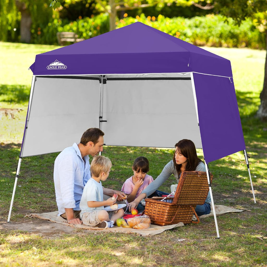 EAGLE PEAK Day Tripper 8x8 Aluminum Super-Lightweight Slant Leg Pop Up Canopy with 3 Removable Walls, Instant Outdoor Backpack Canopy Tent, Outside Beach Folding Sun Shelter, 8x8 Base 6x6 Top, Purple