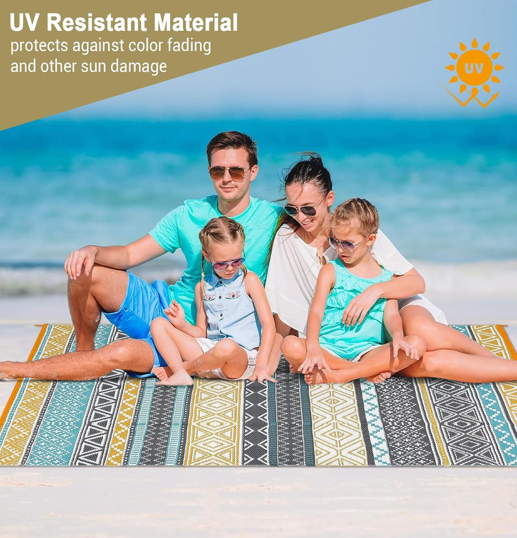Garvee Outdoor Rug 10 ft x 20 ft Waterproof for Patios Clearance, Reversible Outdoor Plastic Straw Camping Rug Carpet, Large Rugs Mats for RV, Camper, Deck, Balcony, Porch, Beach, Picnic,Yellow & Gray