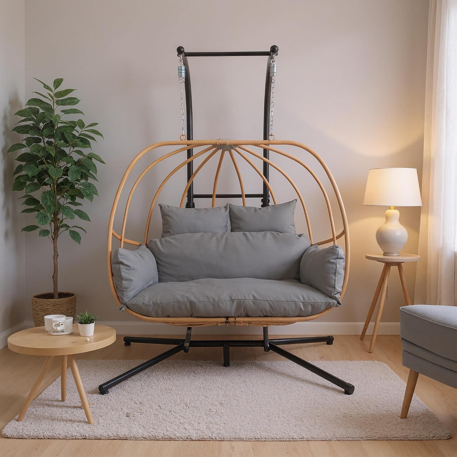 Double Egg Swing Chair Outdoor, 2 Person Egg Chair Outdoor with Cushions, Imitation Rattan Hanging Egg Chairs Basket, Hanging Chairs with Stand, Metal Nest Swing Egg Chair for Balcony, Grey