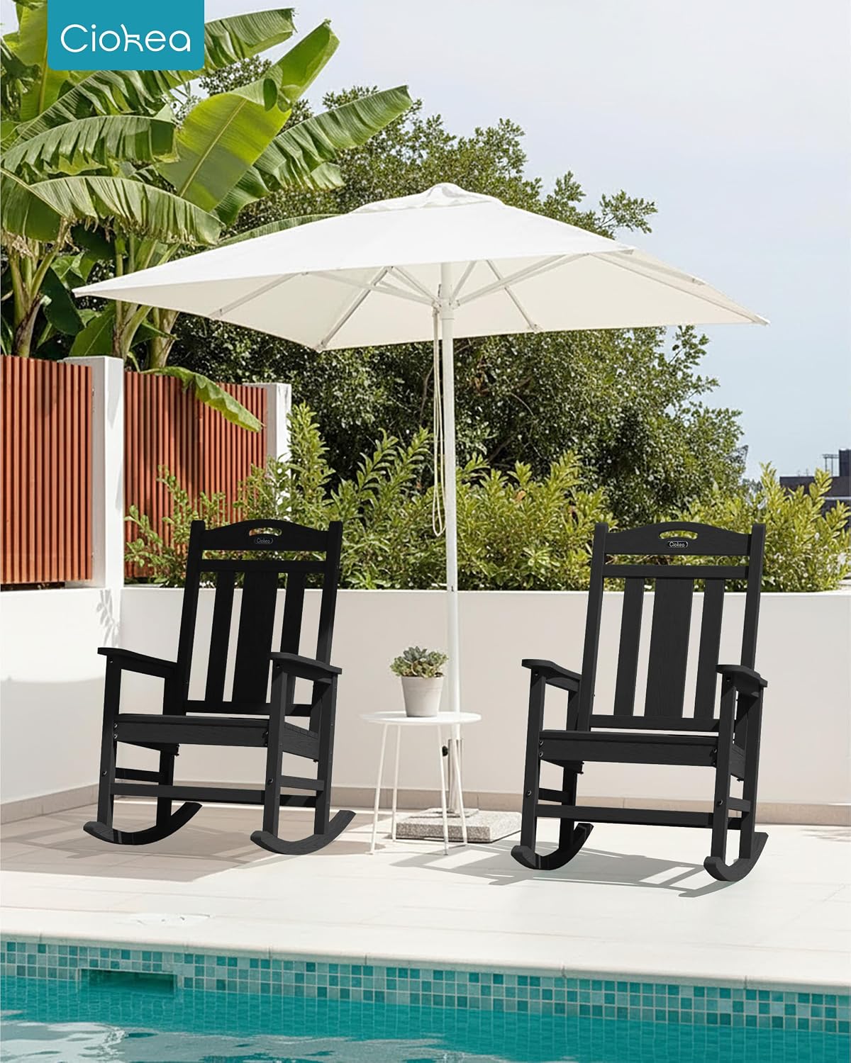 Ciokea Oversized Outdoor Rocking Chairs Set of 6, 380lbs Heavy-Duty Large Patio Rocker, High Back Cozy Porch Chairs, Weather Resistant Patio Rocking Chairs for Outside, Fire Pit, Deck, Black