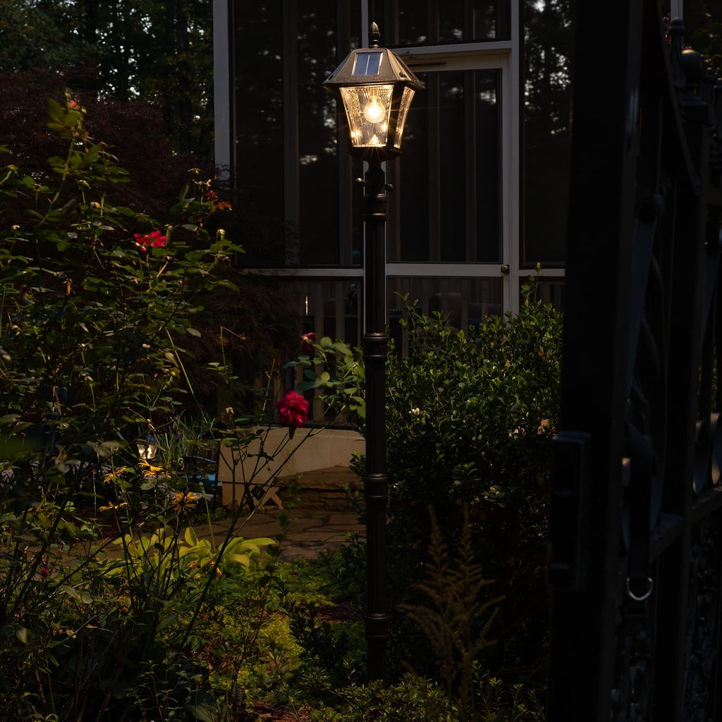 Gama Sonic Baytown II Bulb Solar Lamp Post Light Kit 77-inch Height, Outdoor Single Black Resin and Clear Lens Post Lamp with Pole and EZ Anchor In-Ground Auger, Warm White 2700K (105BSG01)