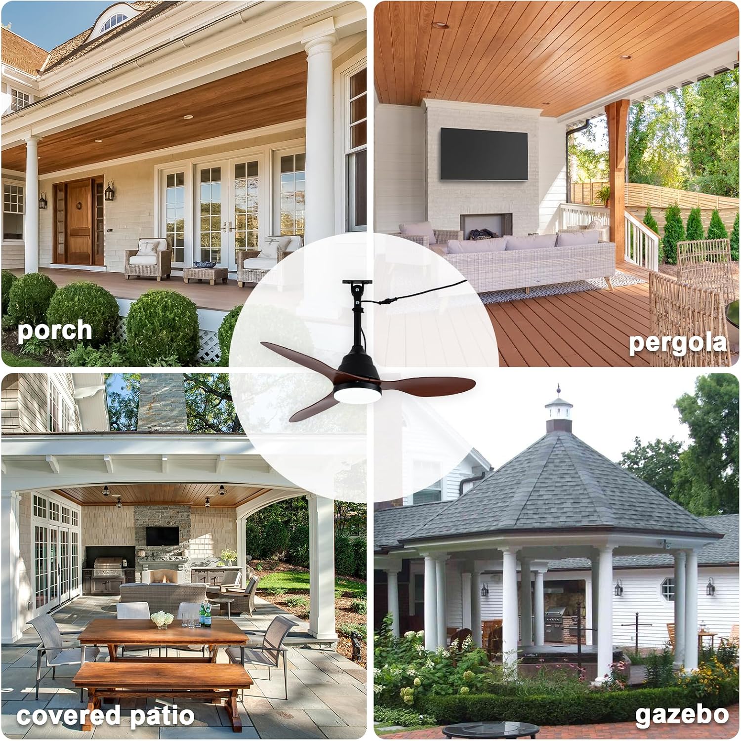 42'' Waterproof Outdoor Ceiling Fan with Lights IP65 Gazebo Fan Outdoor Hanging Wet Rated Plug in Ceiling Fan for Patio Pergola Porch Outside, APP Remote Control, Dimmable LED, 6 Speeds