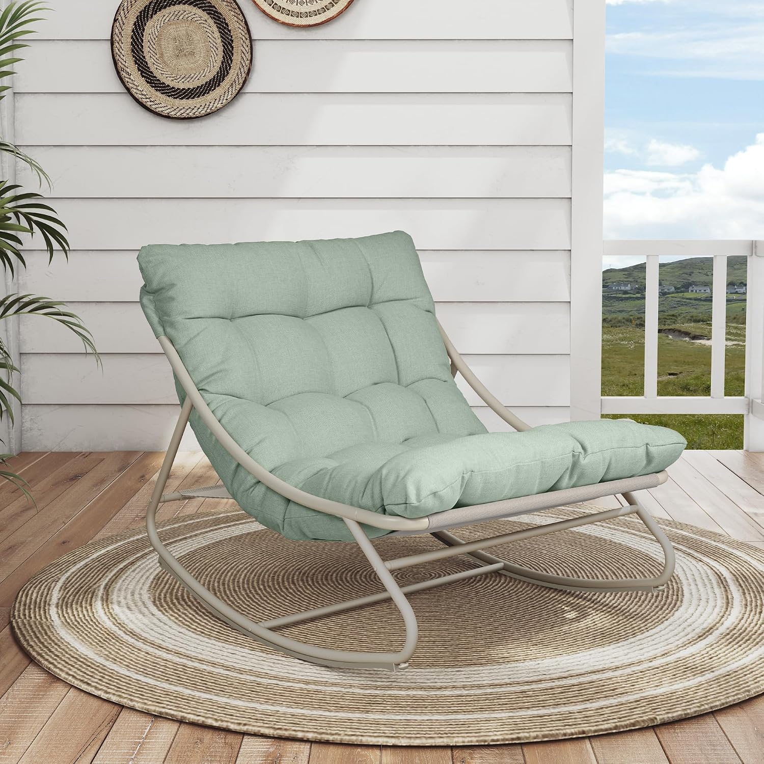 Grand patio Outdoor Rocking Chair, Metal Lounge Rocking Chair with Thick Cushion, Comfy Modern Rocker for Patio Porch Deck Backyard, Green