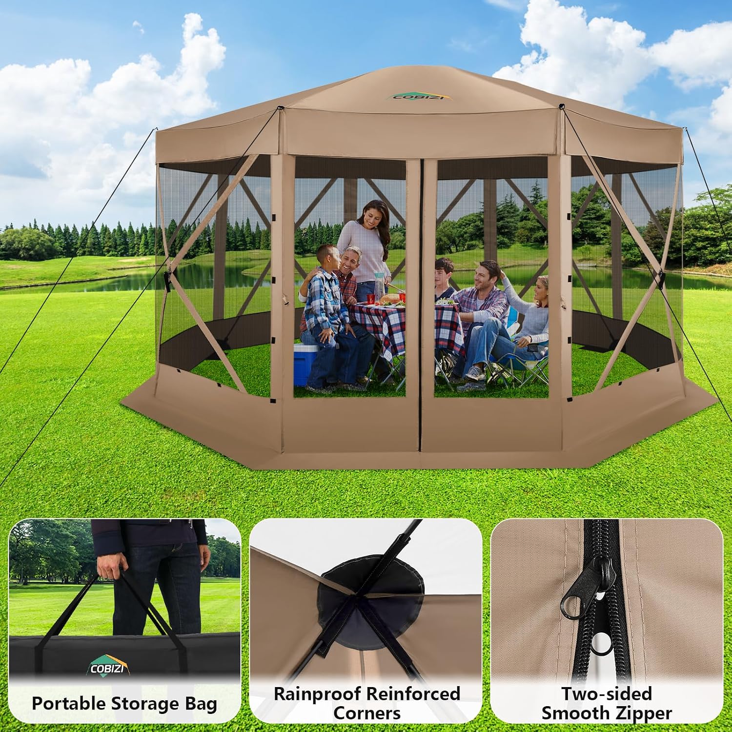COBIZI Pop Up Gazebo Screen Tent Screen House for Camping, 15x15 Screen Room with Mosquito Netting, Hub Tent Instant Screened Canopy with Carrying Bag and Ground Stakes, Khaki
