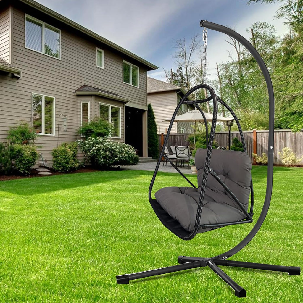 JESE Swing Egg Chair Foldable Frame Hanging Chairs, UV Resistant Waterproof Cushion and Cup Holder,Swing Hammock Chairs for Patio,Bedroom,Balcony, Garden-350lbs, Stand Included, Brown
