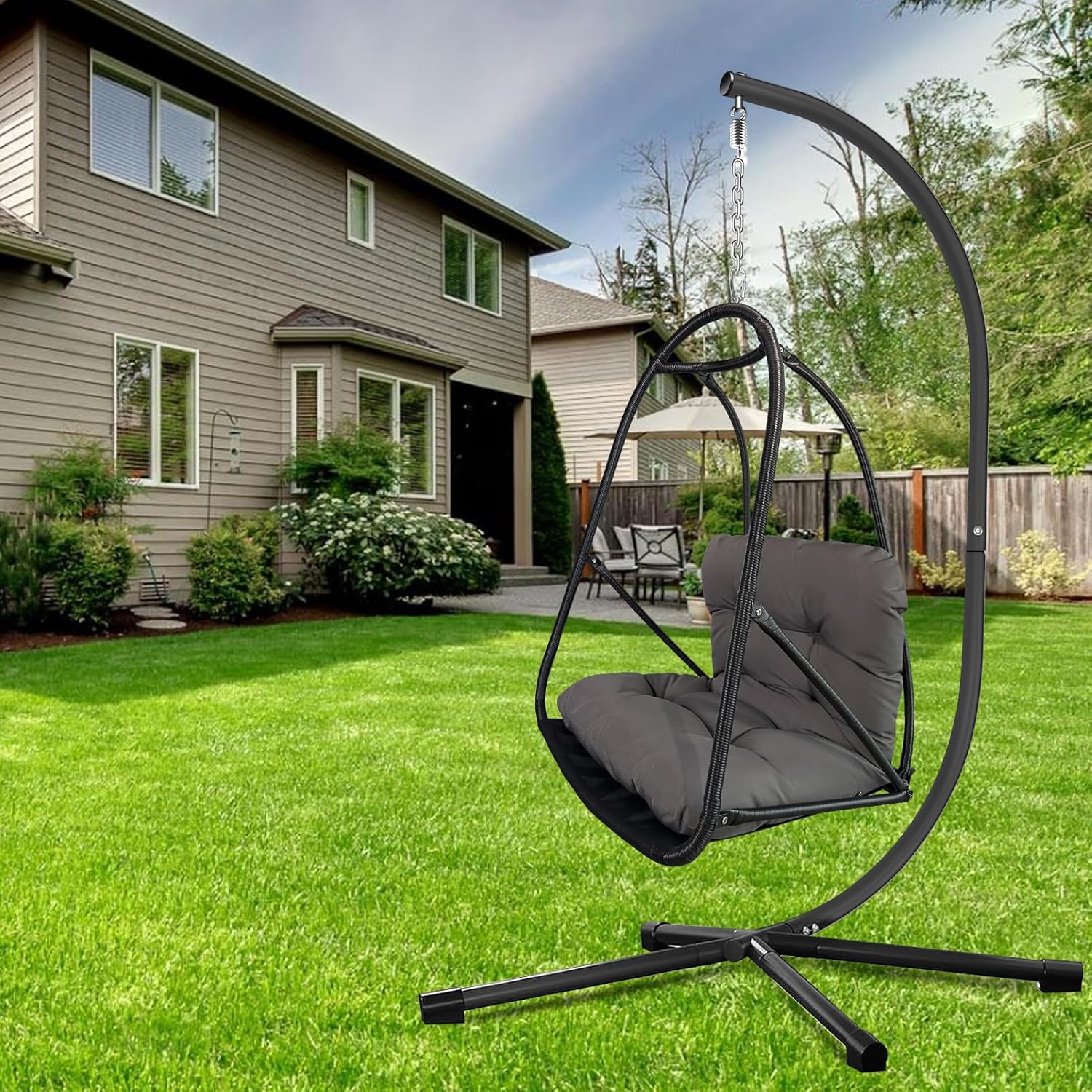 JESE Swing Egg Chair Foldable Frame Hanging Chairs, UV Resistant Waterproof Cushion and Cup Holder,Swing Hammock Chairs for Patio,Bedroom,Balcony, Garden-350lbs, Stand Included, Brown