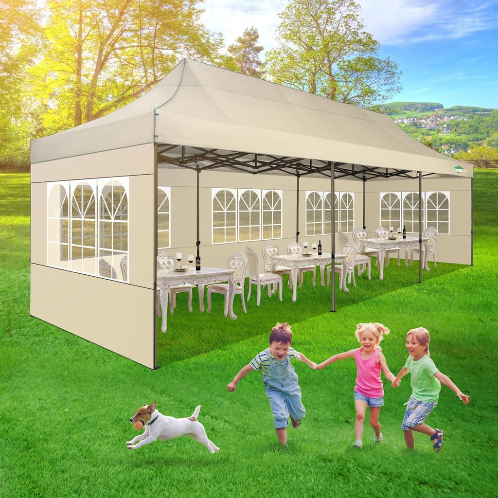 COBIZI Heavy Duty 10x30 Party Tent, Commercial 10x30 pop up Canopy for Parties Waterproof Gazebos with 8 Sidewalls, All Season Wind & Waterproof UPF50+,Stable Thickened Frame, Khaki