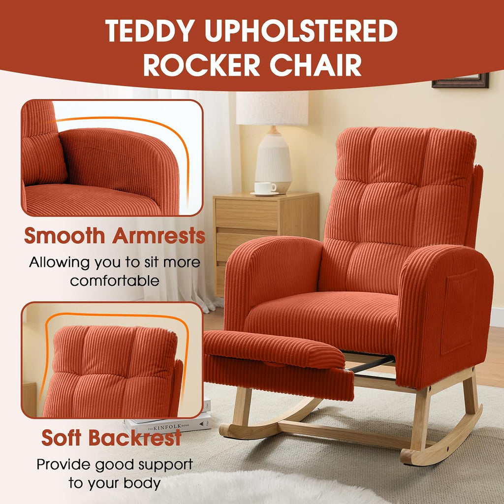 NIOIIKIT Nursery Rocking Chair, Corduroy Upholstered Rocking Chair with Adjustable Footrest, Tufted Rocker Chair with Side Pocket, Glider Rocker for Living Room, Bedroom (Orange Retro)