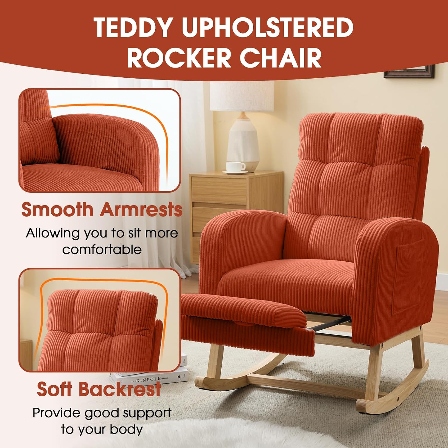 NIOIIKIT Nursery Rocking Chair, Corduroy Upholstered Rocking Chair with Adjustable Footrest, Tufted Rocker Chair with Side Pocket, Glider Rocker for Living Room, Bedroom (Orange Retro)