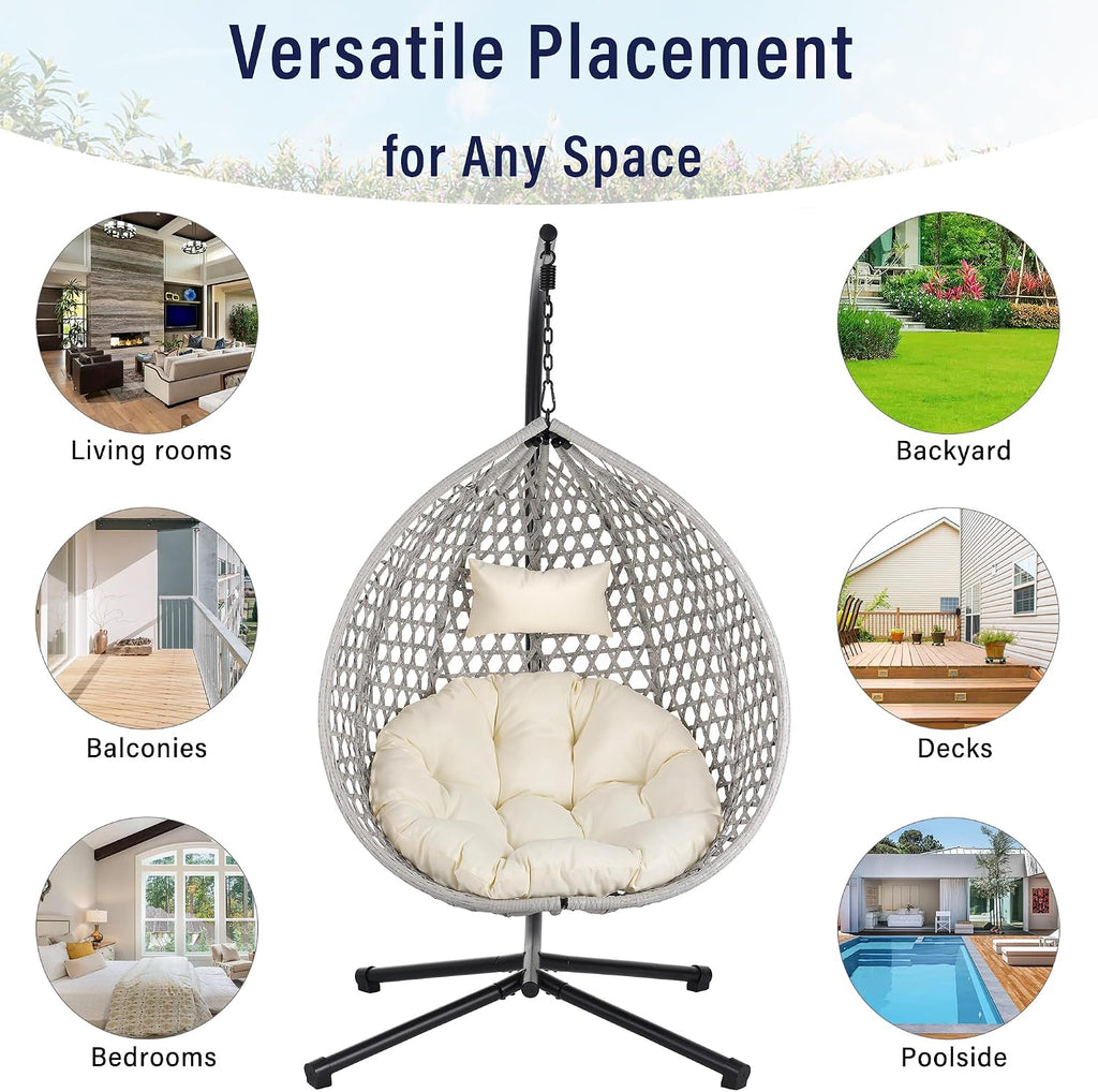 Indoor Outdoor Hammock Chair with Stand, Rattan Egg Hanging Swing Chair with Cushion for Balcony Bedroom Garden (Gray+Beige)