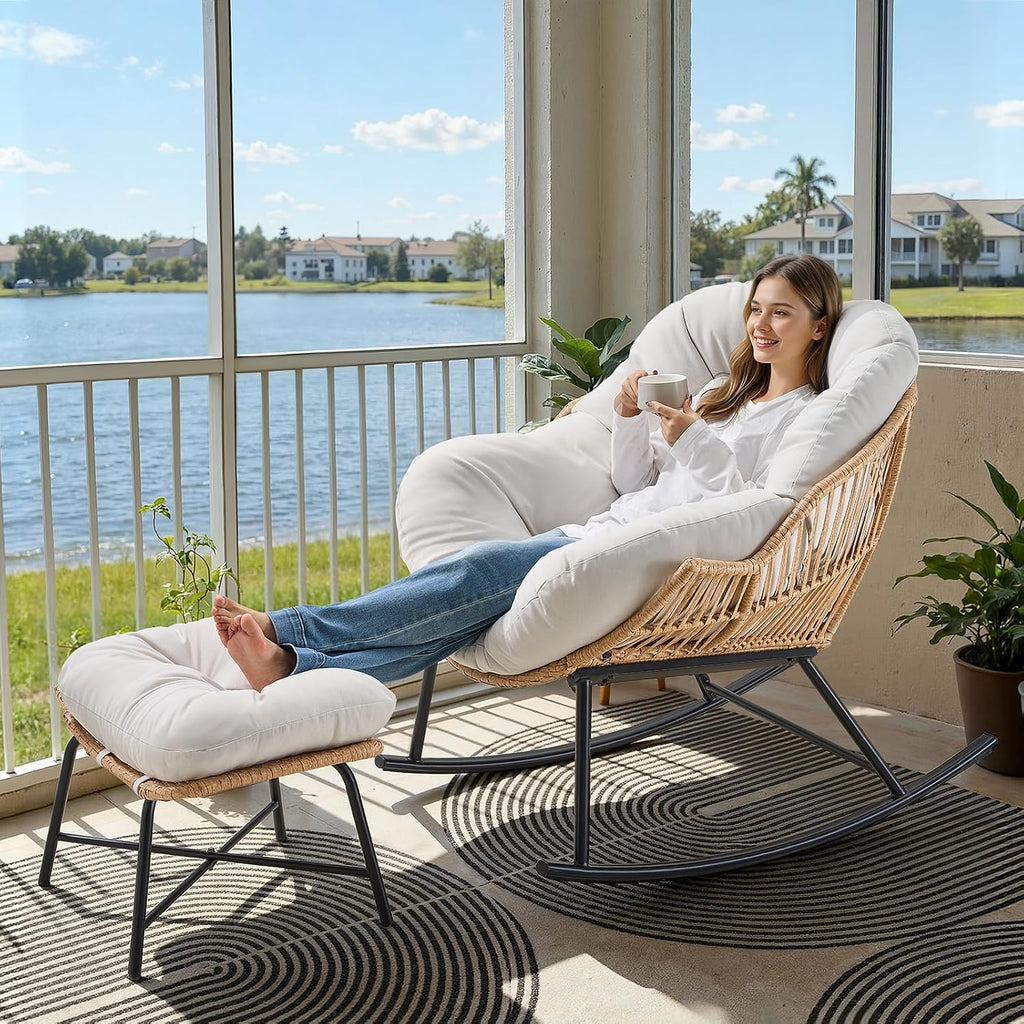 ONBRILL Papasan Rocking Chair with Ottoman,Oversized Papasan Chair with Padded Cushion, Indoor & Outdoor Rocker Chair for Living Room, Patio, Garden, Cream White