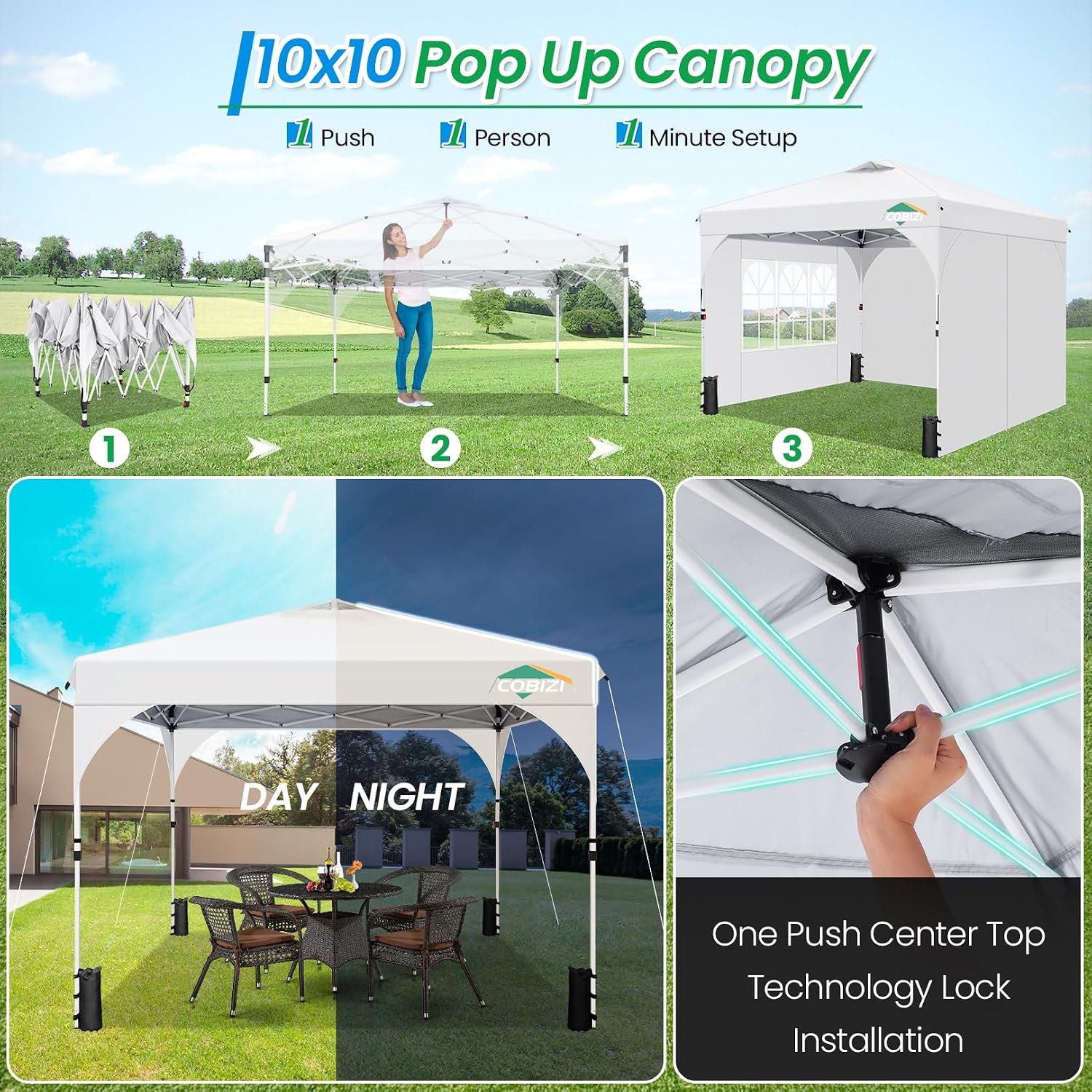 COBIZI 10x10 Pop Up Canopy with 3 Removable Sidewalls, Easy Pop Up Comercial Instant Canopy with One Push Center Lock, Waterproof Canopy with Sidewalls for Event, Rope & Stakes & Sandbags, White