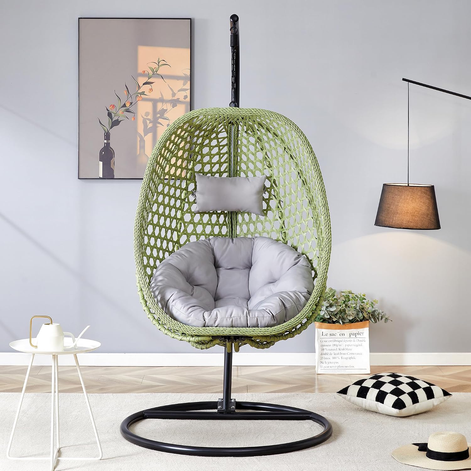 Egg Chair Indoor Outdoor, Hanging Chair for Bedroom, Swing Chair Hammock with Stand & Cushions, Comfy Swinging Chair Adult Reading Chair for Patio Balcony Backyard, Heavy Duty 350LBS, Green